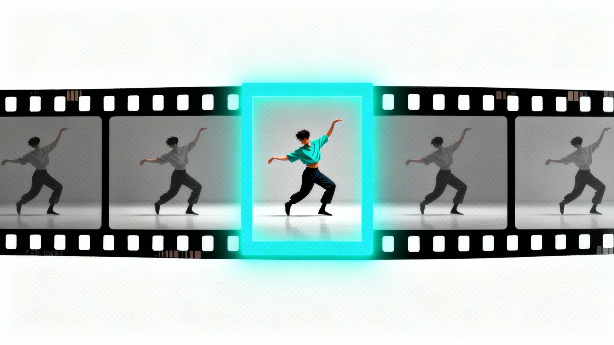 An abstract illustration showing a horizontal film strip of a dancer being cropped into a vertical video format, highlighted by a glowing teal frame on a white background.