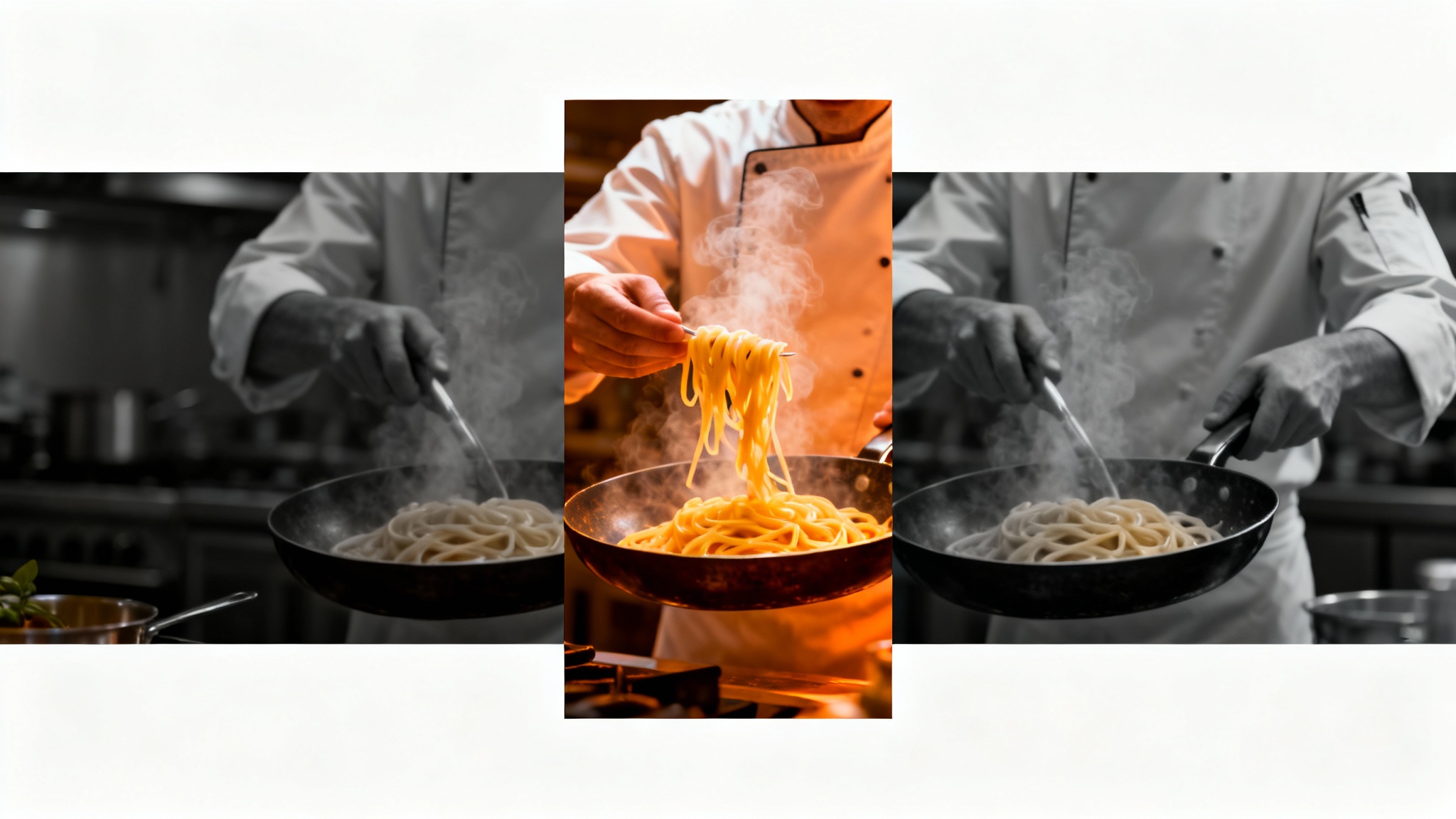A conceptual image showing a video being cropped for TikTok, with a vibrant vertical slice of a chef tossing pasta in the center, and the wider, faded-out parts of the original video on the sides.