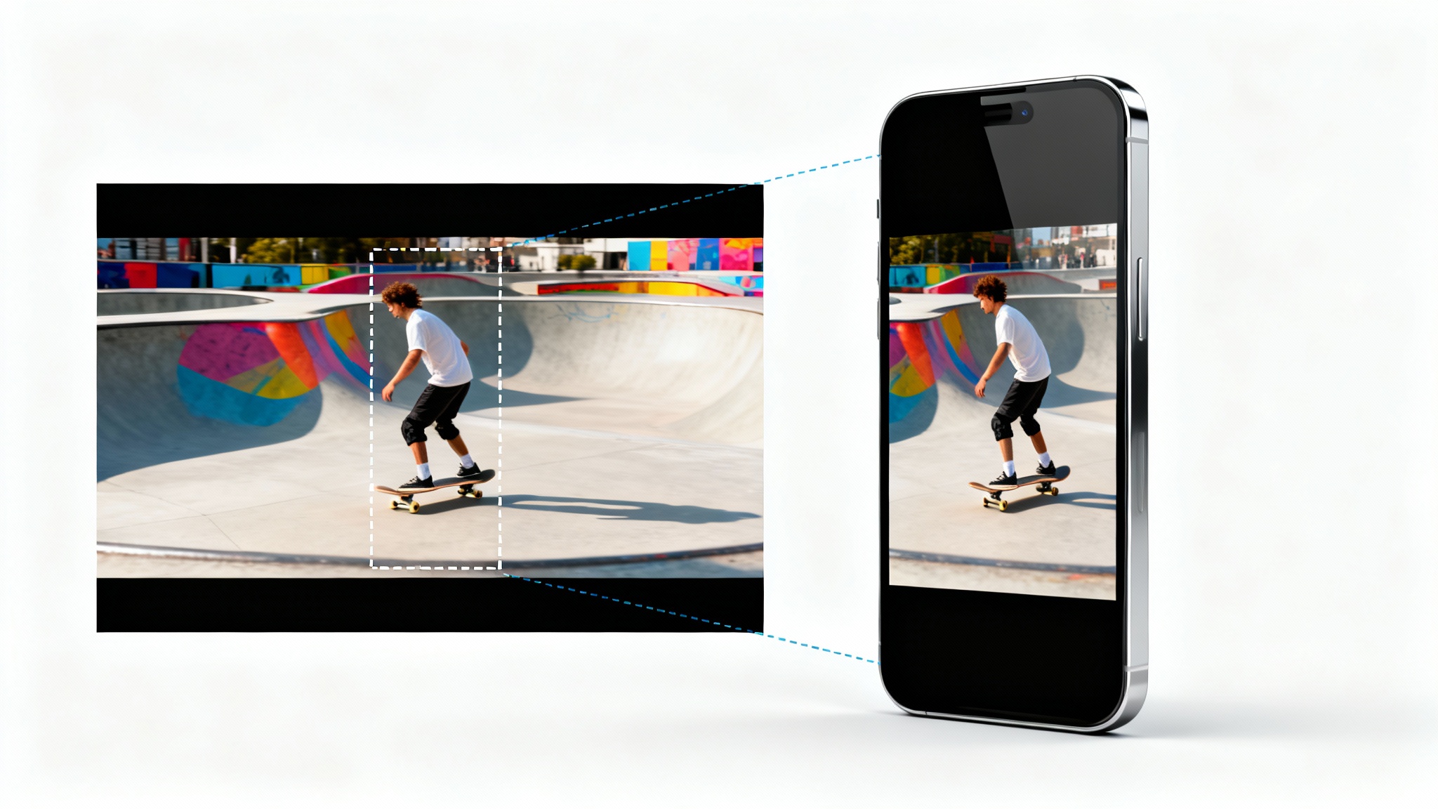 A conceptual image showing a horizontal video of a skateboarder being cropped to fit a vertical smartphone screen, representing video editing for TikTok.