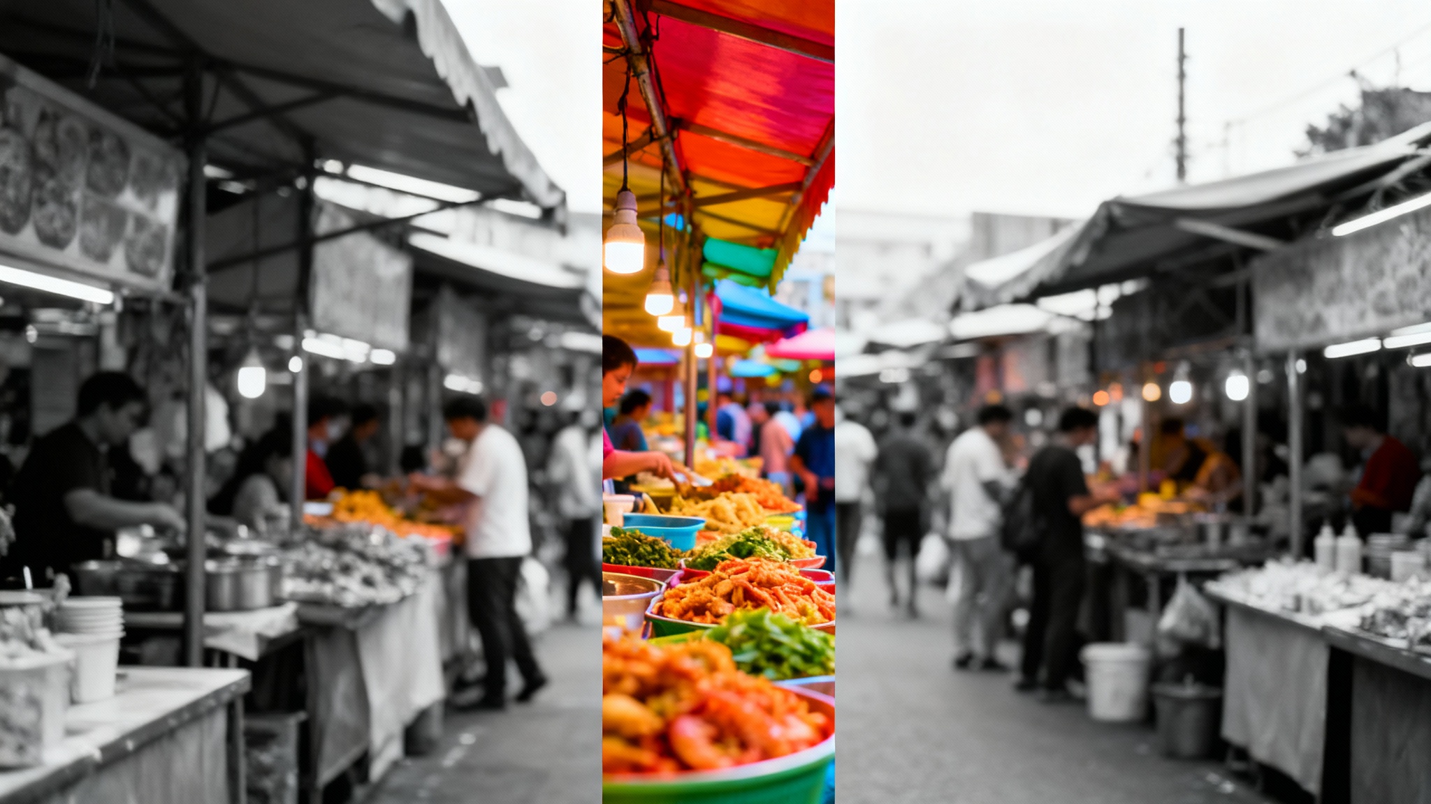 A conceptual image illustrating video cropping, showing a wide, horizontal food market scene where only a central, vertical slice is in full color, representing the cropped area for a TikTok video.