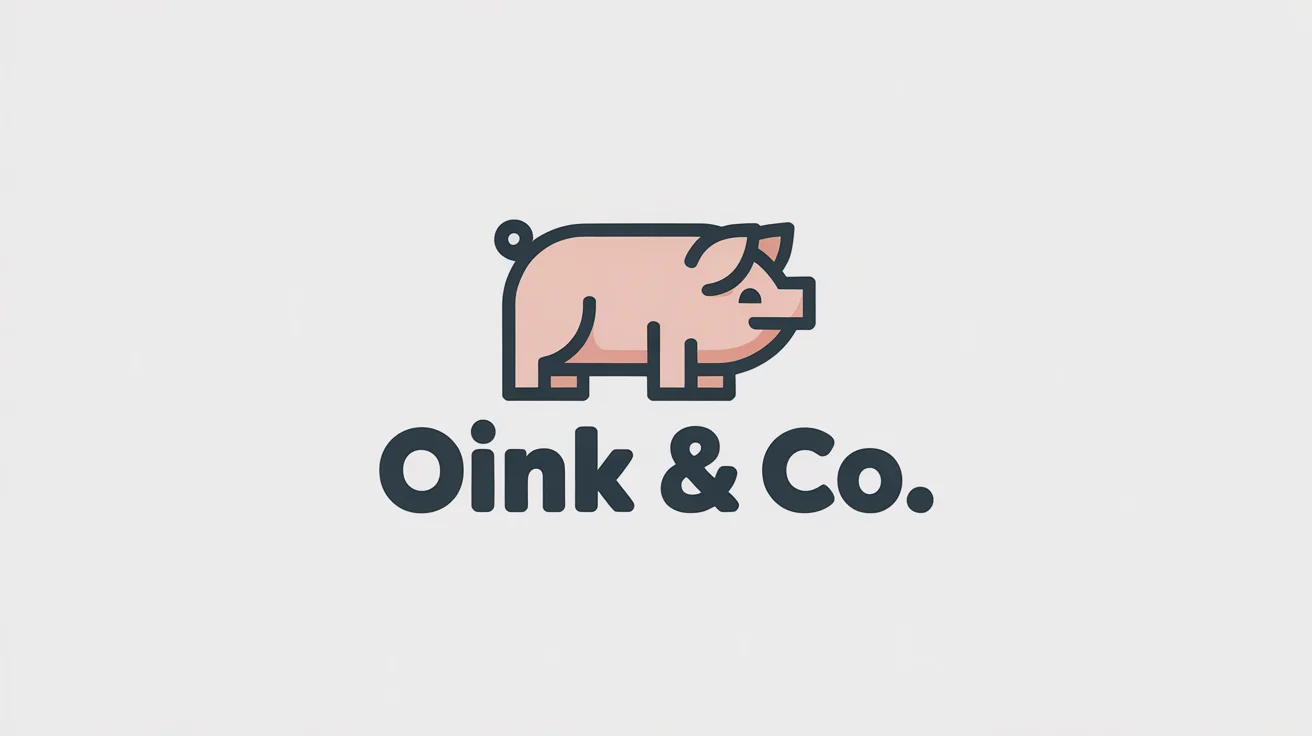 A minimalist pink pig logo with the text "Oink & Co." in gray below it, displayed on a clean white background as a professional mockup.