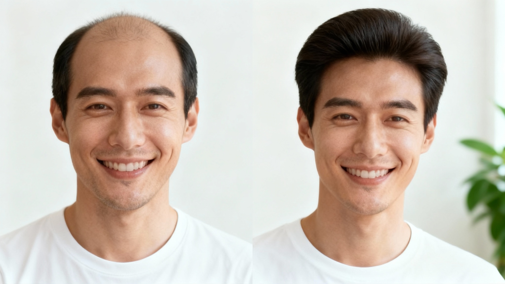 A before-and-after comparison showing a man's hairline. The 'before' image shows a receding hairline, and the 'after' image shows the same man with a perfectly full and natural-looking hairline.