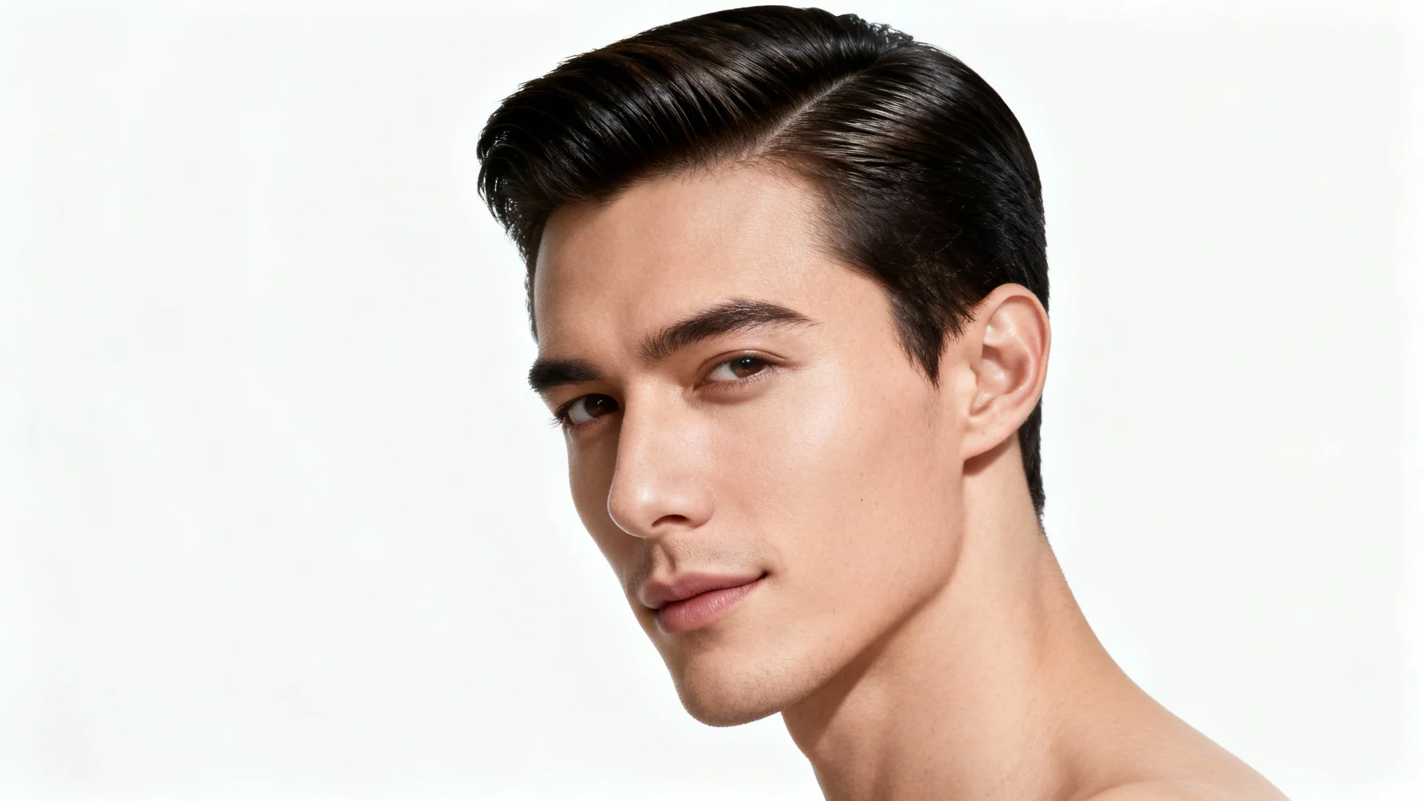 A hyper-realistic portrait of a man with a perfectly defined, full hairline, looking confidently into the distance against a stark white background.