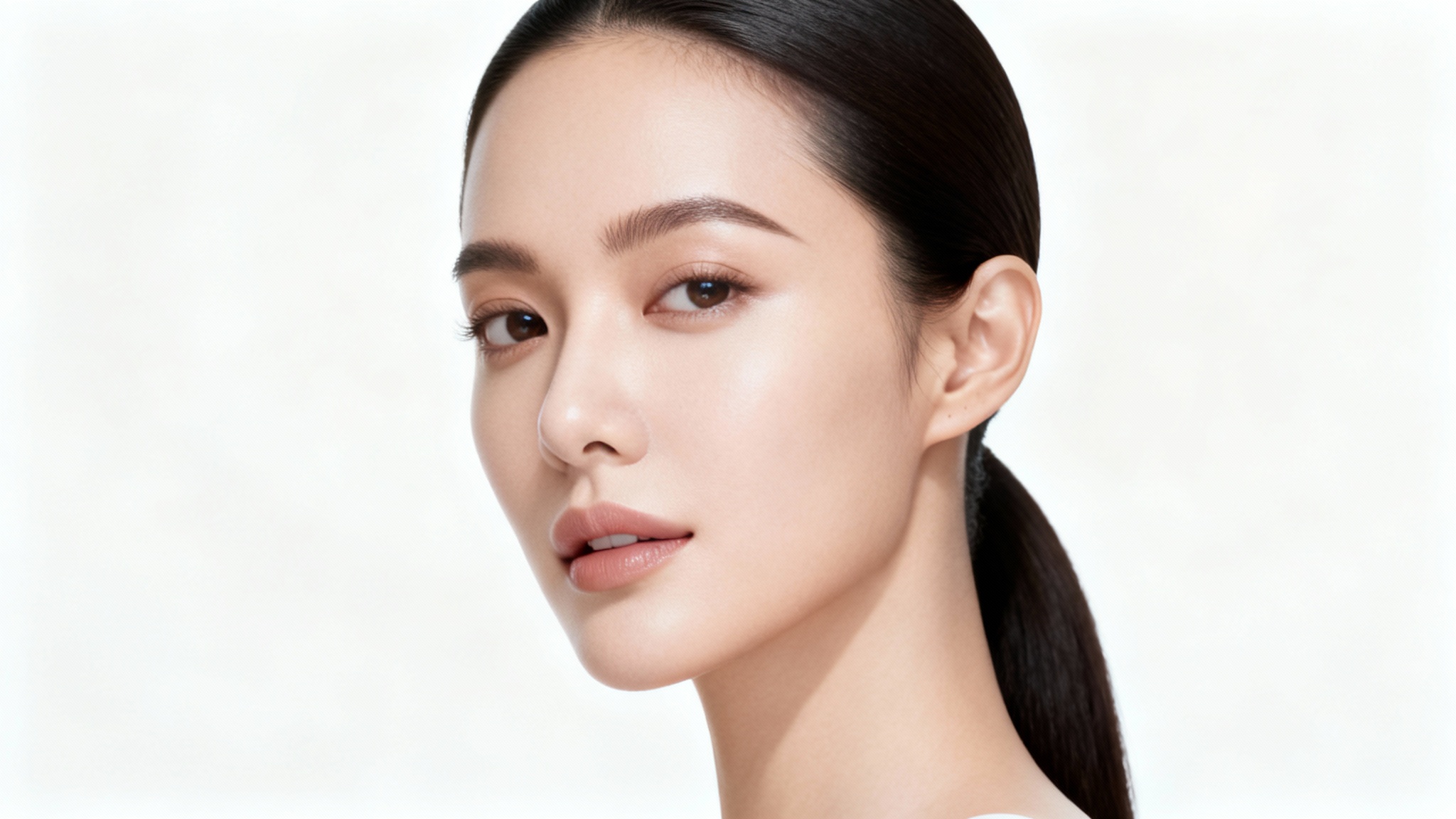 A close-up beauty shot of a woman with a perfectly sculpted, full hairline, against a clean white background.