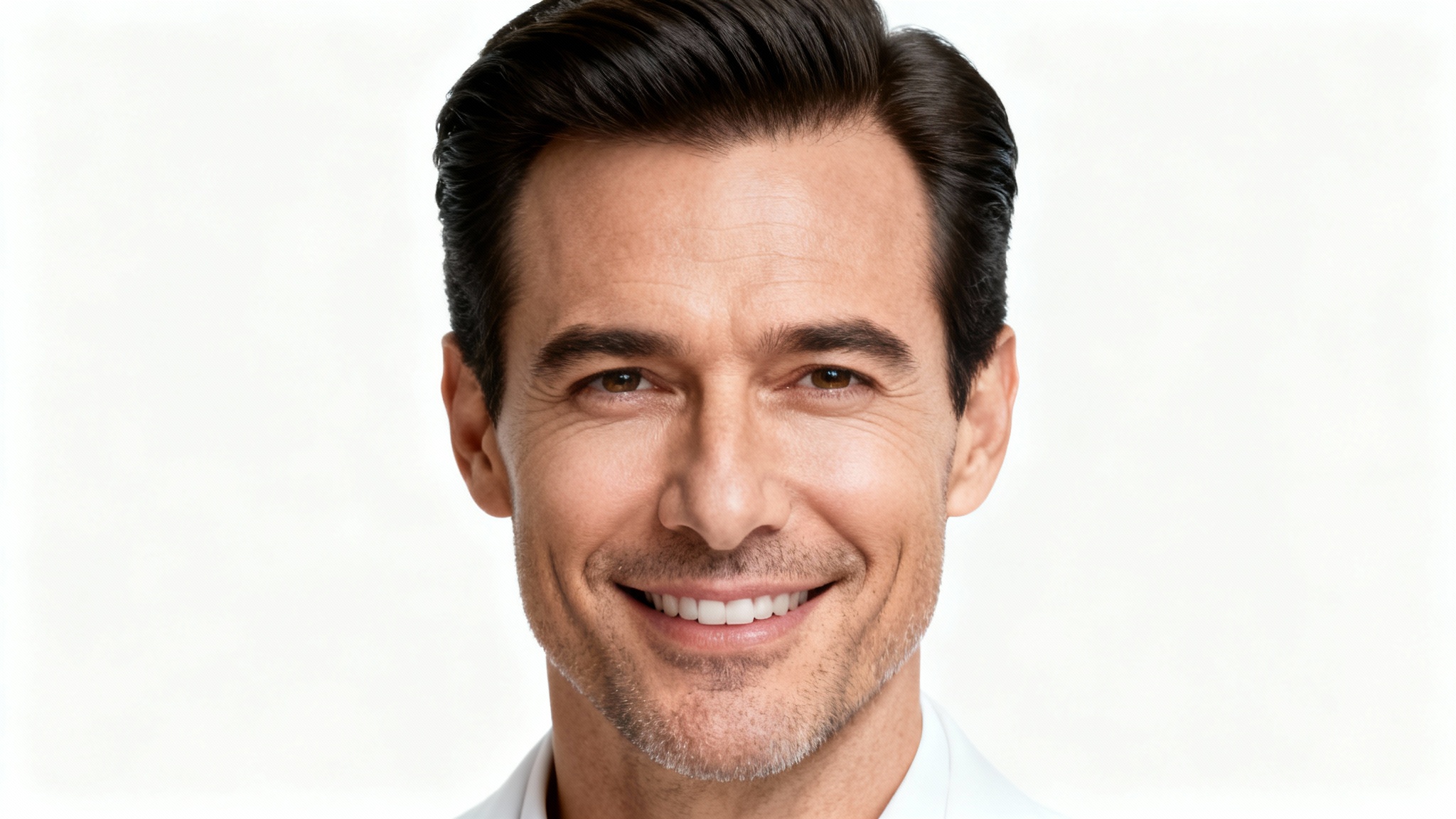 A close-up photograph of a man with a full, perfectly defined hairline, smiling confidently against a white background, demonstrating the result of a hairline editor.