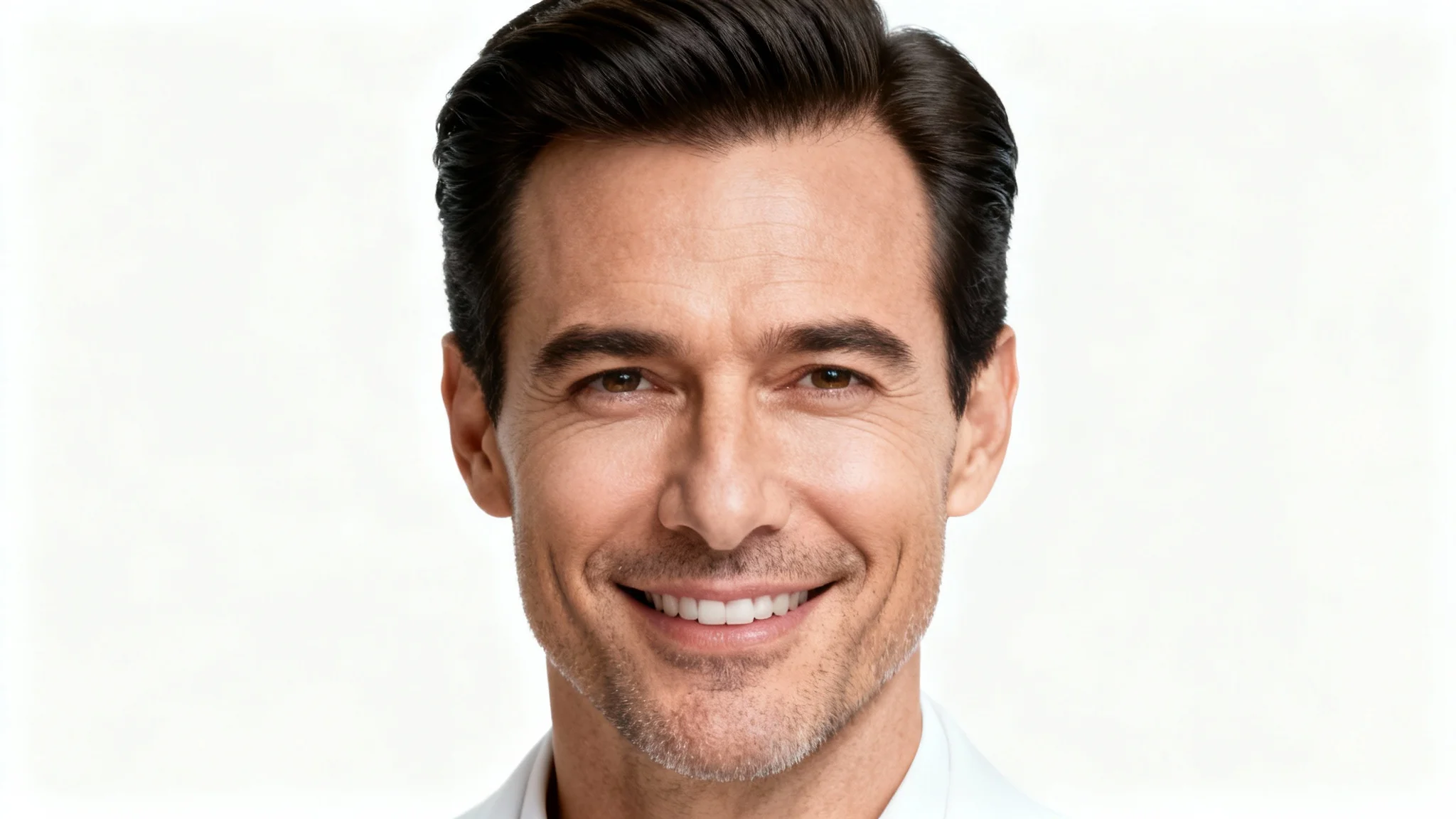 A close-up photograph of a man with a full, perfectly defined hairline, smiling confidently against a white background, demonstrating the result of a hairline editor.