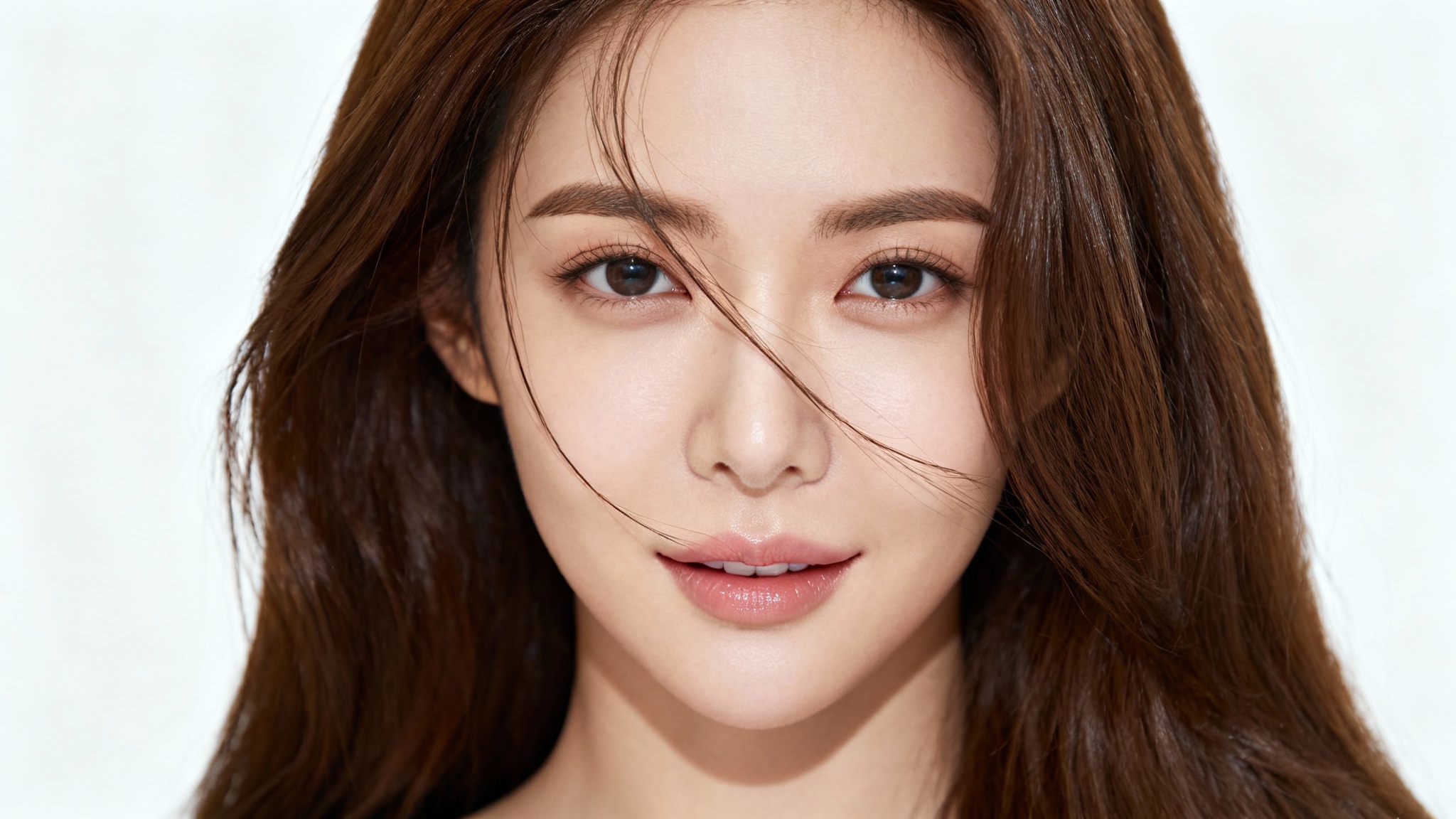 A photorealistic close-up of a woman with a perfectly defined, natural-looking hairline and long brown hair, set against a solid white background.