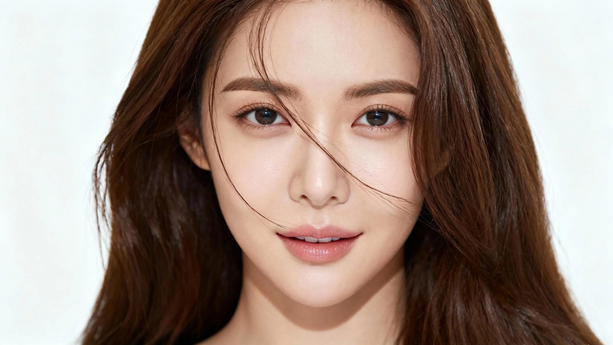 A photorealistic close-up of a woman with a perfectly defined, natural-looking hairline and long brown hair, set against a solid white background.