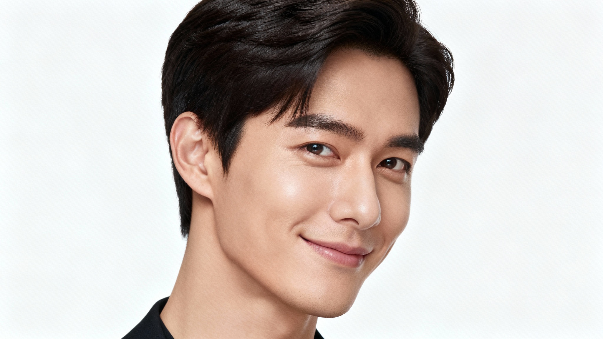 A close-up studio portrait of a man with a perfectly defined, full, and natural-looking hairline, against a clean white background.