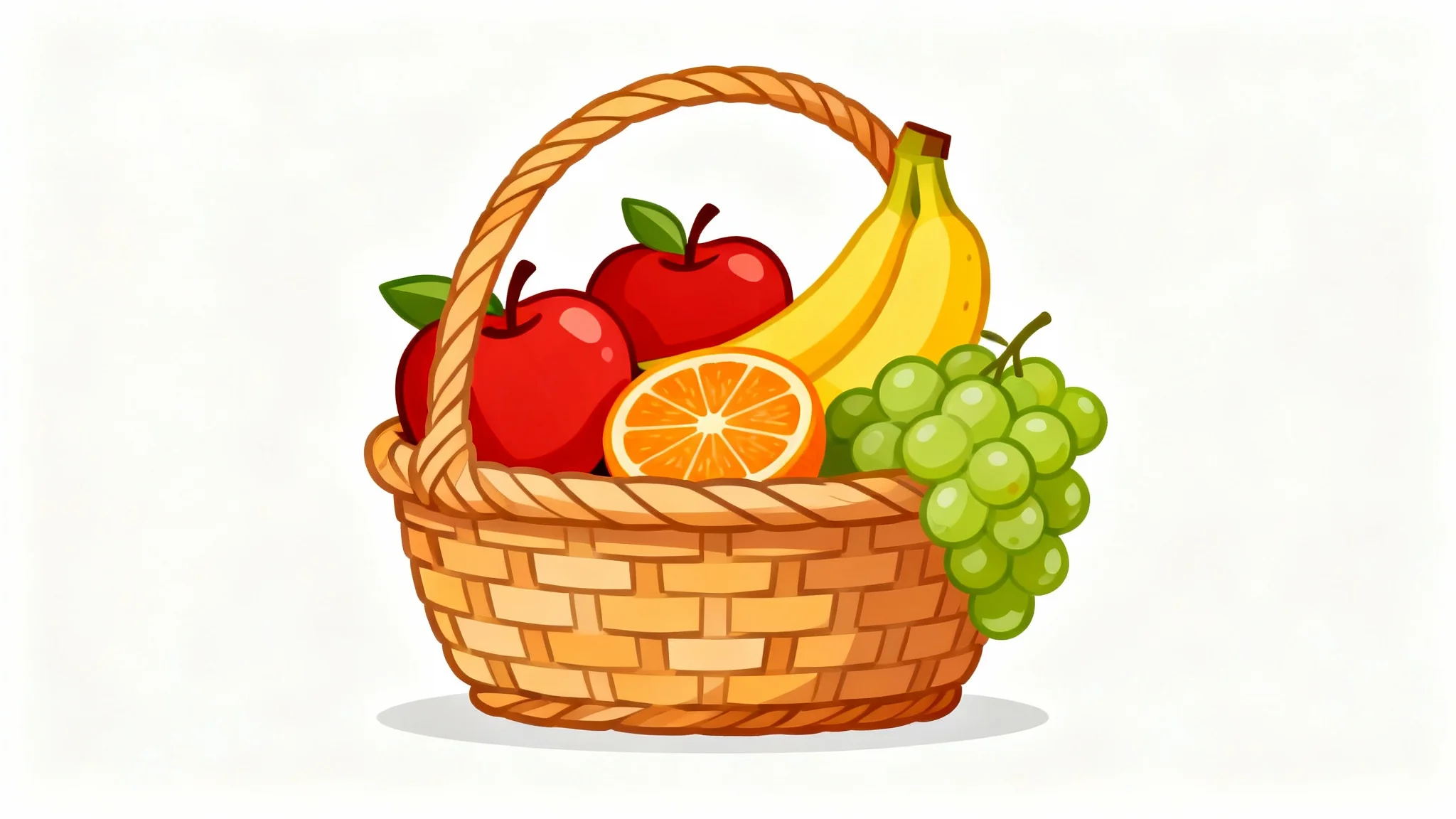 A vibrant, stylized clipart illustration of a woven basket overflowing with apples, bananas, grapes, and an orange slice, shown against a clean white background.