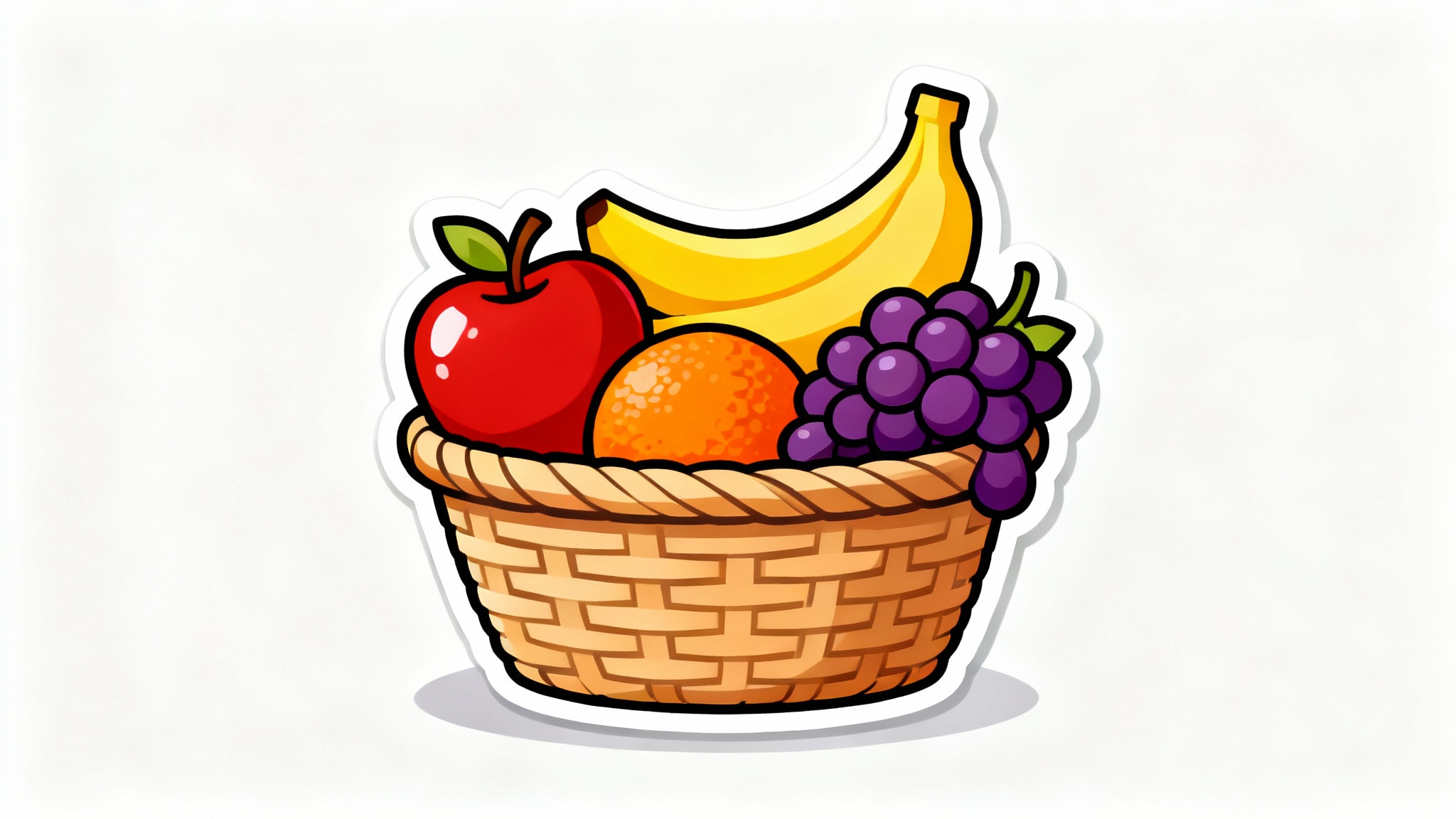 A colorful clipart graphic of a woven basket overflowing with stylized fruits like an apple, banana, and grapes, presented on a clean white background.