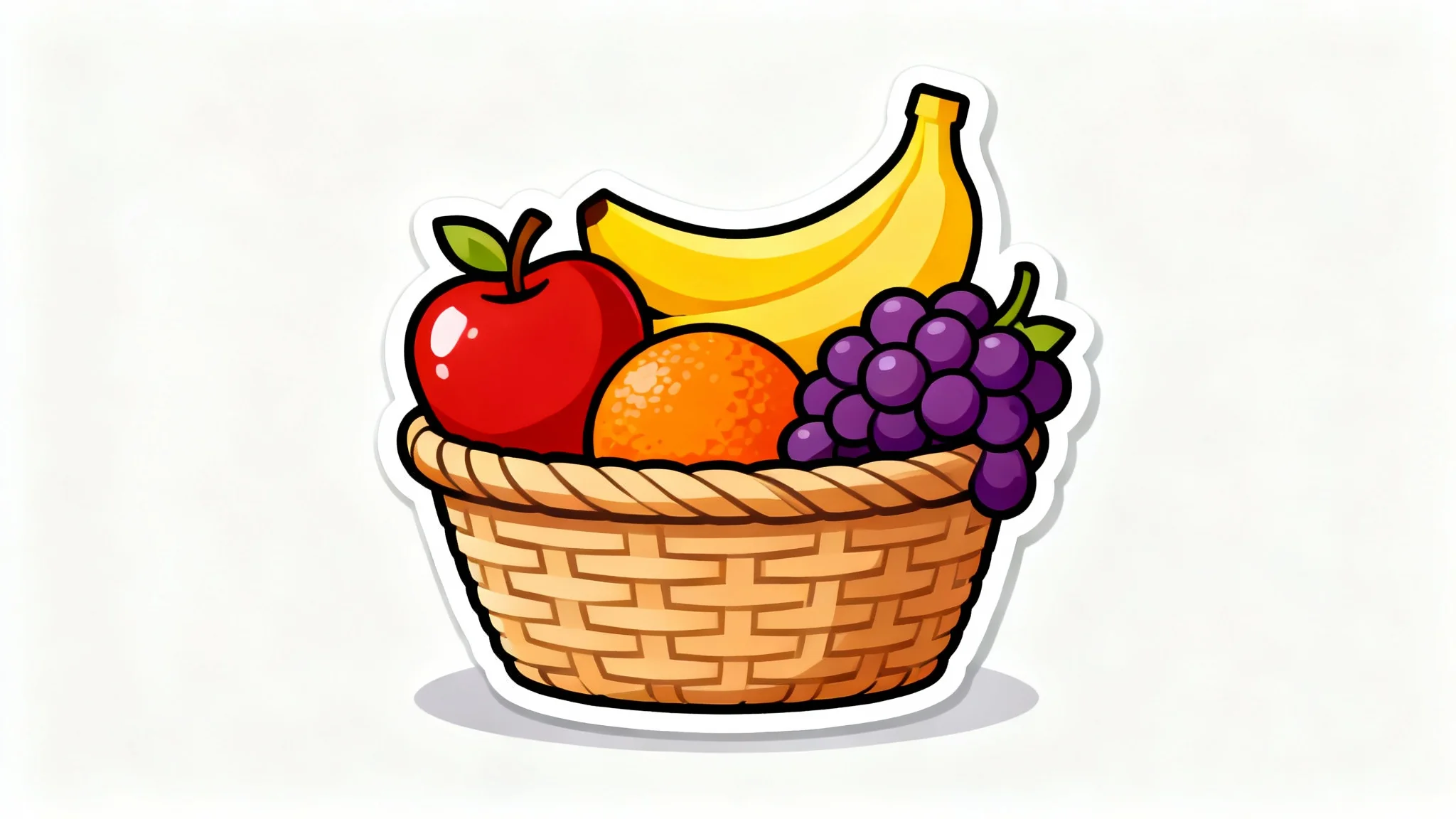 A colorful clipart graphic of a woven basket overflowing with stylized fruits like an apple, banana, and grapes, presented on a clean white background.