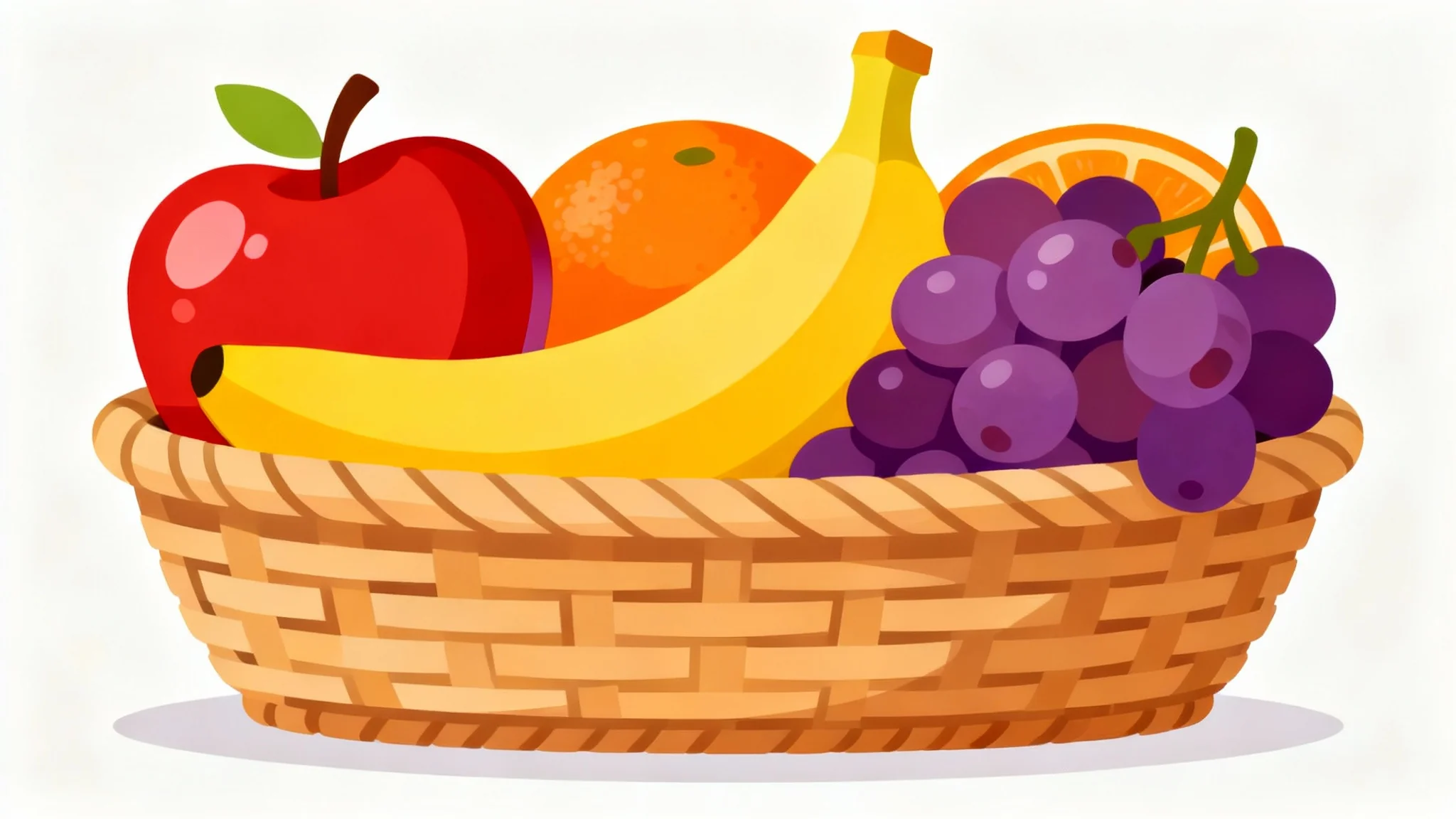 A colorful digital clipart illustration of a wicker fruit basket filled with an apple, banana, grapes, and an orange, shown on a plain white background.
