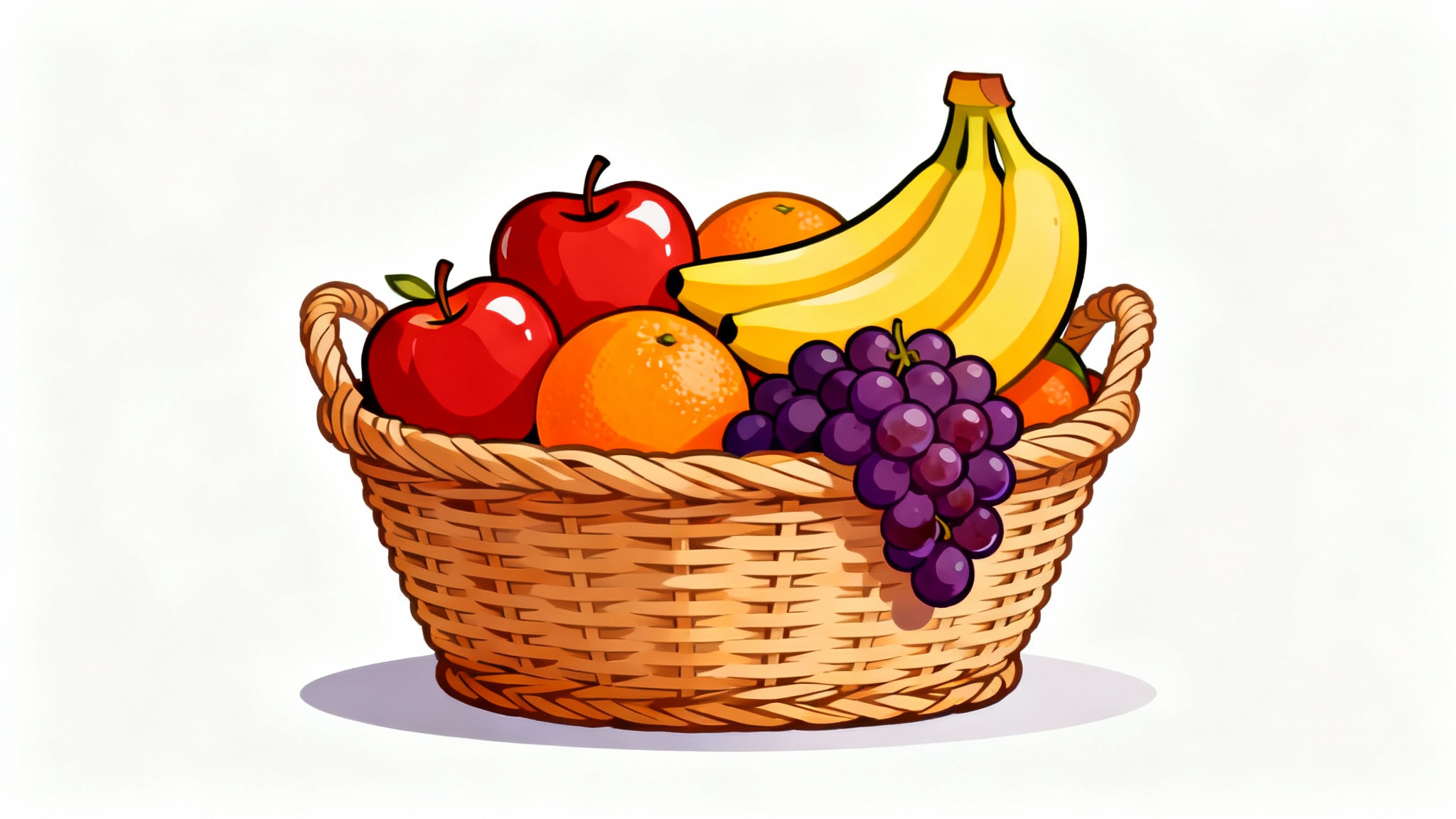 A colorful clipart illustration of a wicker basket filled to the brim with various fruits like apples, oranges, bananas, and grapes, all set against a clean white background.