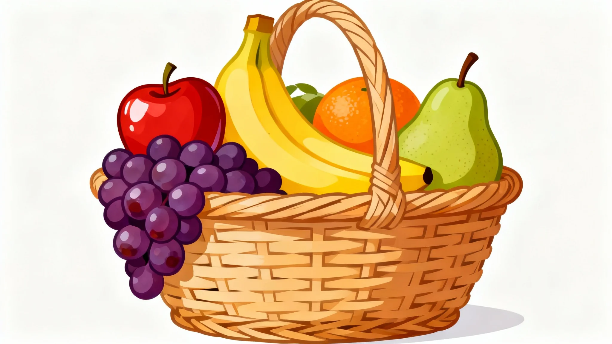 A vibrant clipart illustration of a woven basket overflowing with colorful fruits like apples, grapes, a banana, and an orange, on a clean white background.
