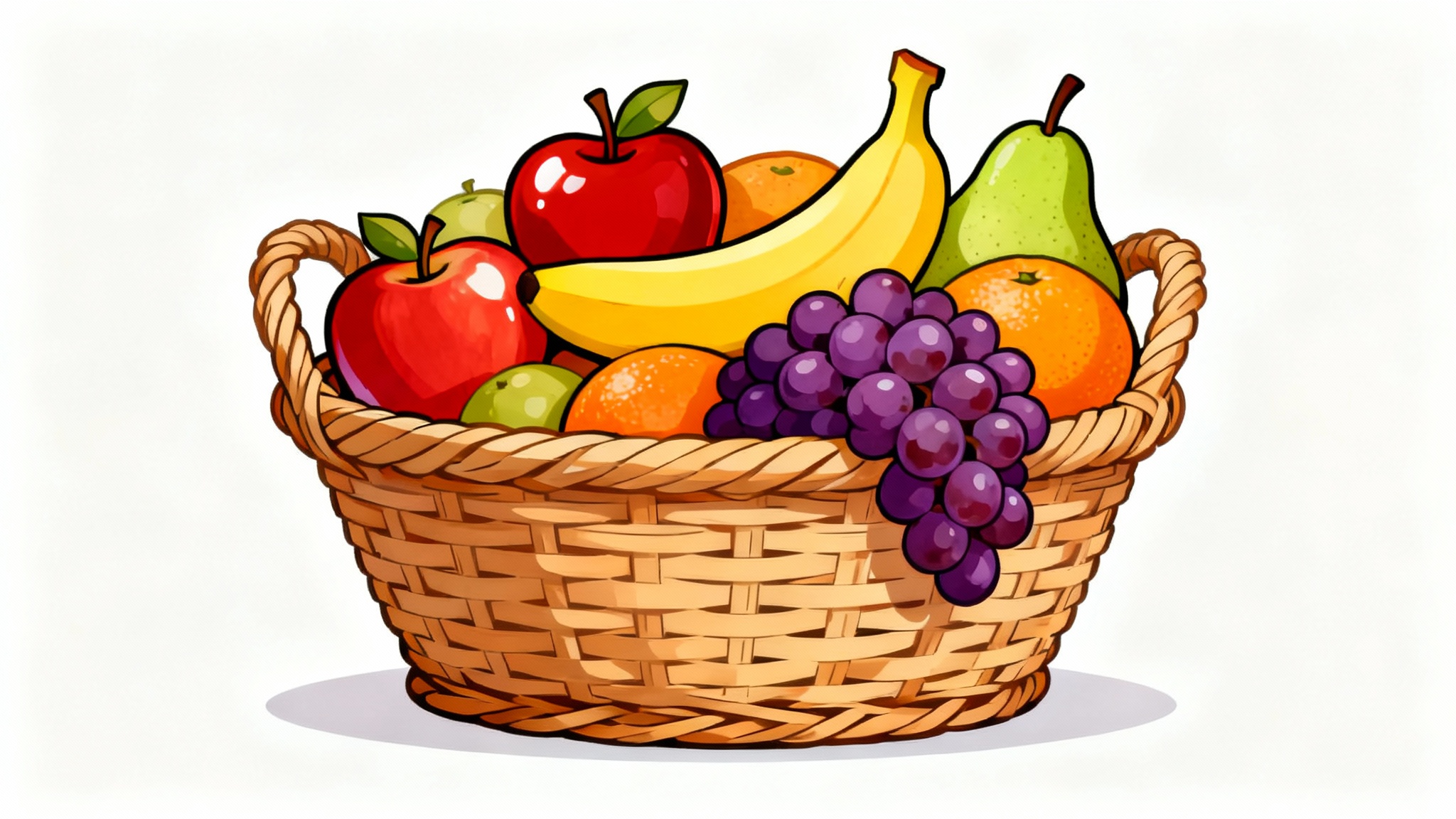 A colorful vector clipart of a wicker basket brimming with fresh fruits like apples, a banana, grapes, and an orange, set against a white background.
