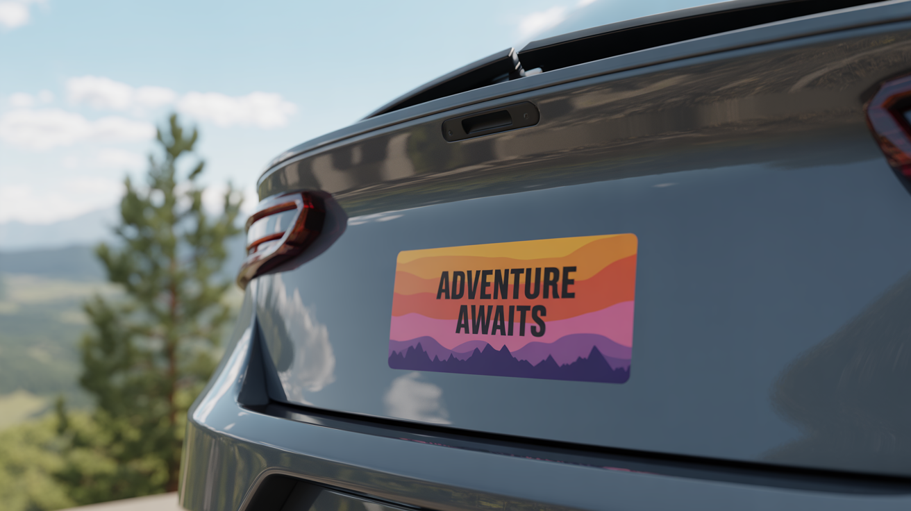 A close-up of a professionally designed bumper sticker on a modern car that reads 'ADVENTURE AWAITS' with a mountain graphic, set against a scenic backdrop.