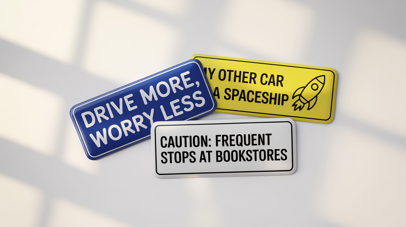 A mockup of three different bumper sticker designs laid flat on a white background. The stickers have slogans like 'DRIVE MORE, WORRY LESS' and 'MY OTHER CAR IS A SPACESHIP'.