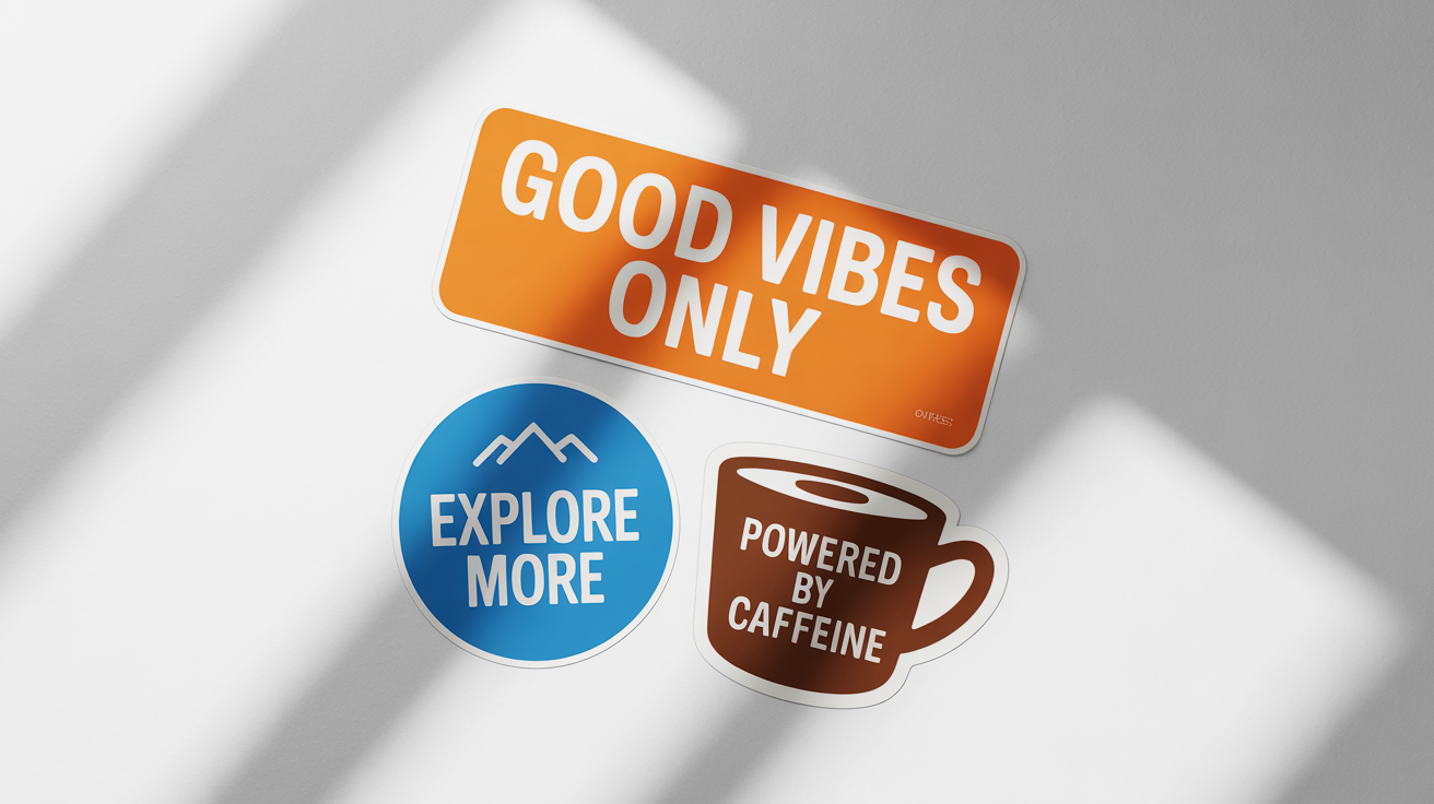 A professional mockup of three custom-designed bumper stickers on a white background. The stickers read 'Good Vibes Only', 'Explore More', and 'Powered By Caffeine'.