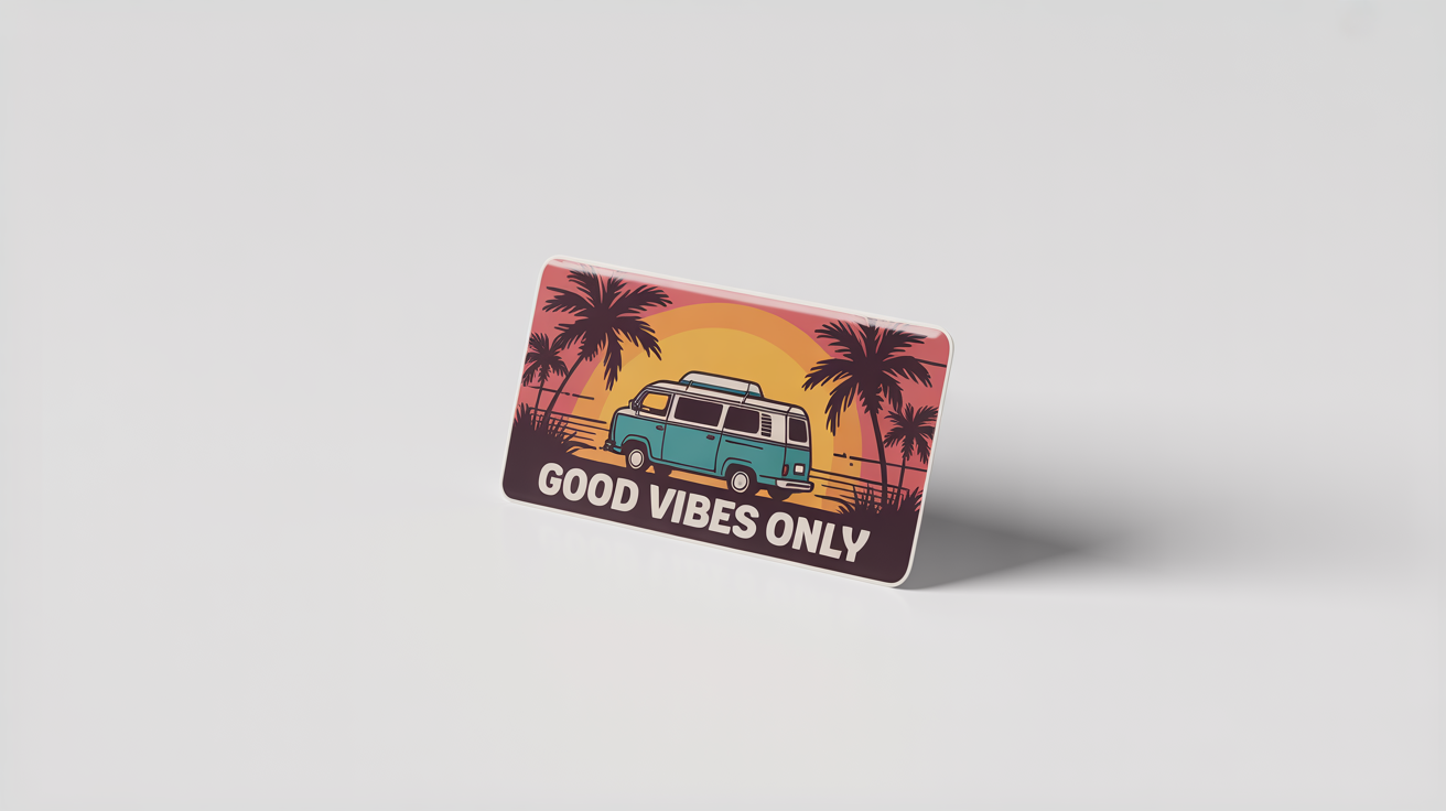 A product mockup of a retro-themed bumper sticker featuring a van driving into a sunset and the text 'GOOD VIBES ONLY', set against a clean white background.
