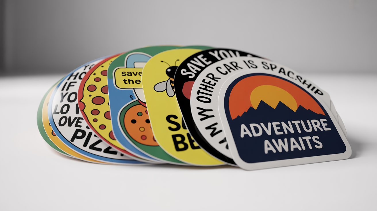 A collection of four colorful, custom-designed bumper stickers arranged on a white background, featuring slogans like 'Honk if you love pizza' and 'Adventure awaits'.