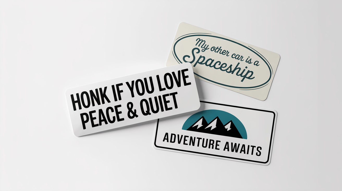 A mockup of three different bumper sticker designs laid flat on a white surface. The stickers read 'HONK IF YOU LOVE PEACE & QUIET', 'MY OTHER CAR IS A SPACESHIP', and 'Adventure Awaits'.