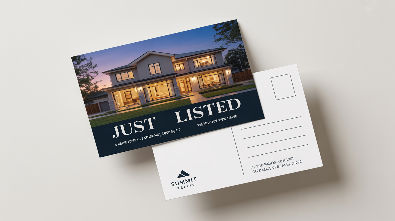 A professionally designed real estate postcard for a house just listed for sale, shown on a clean white background.