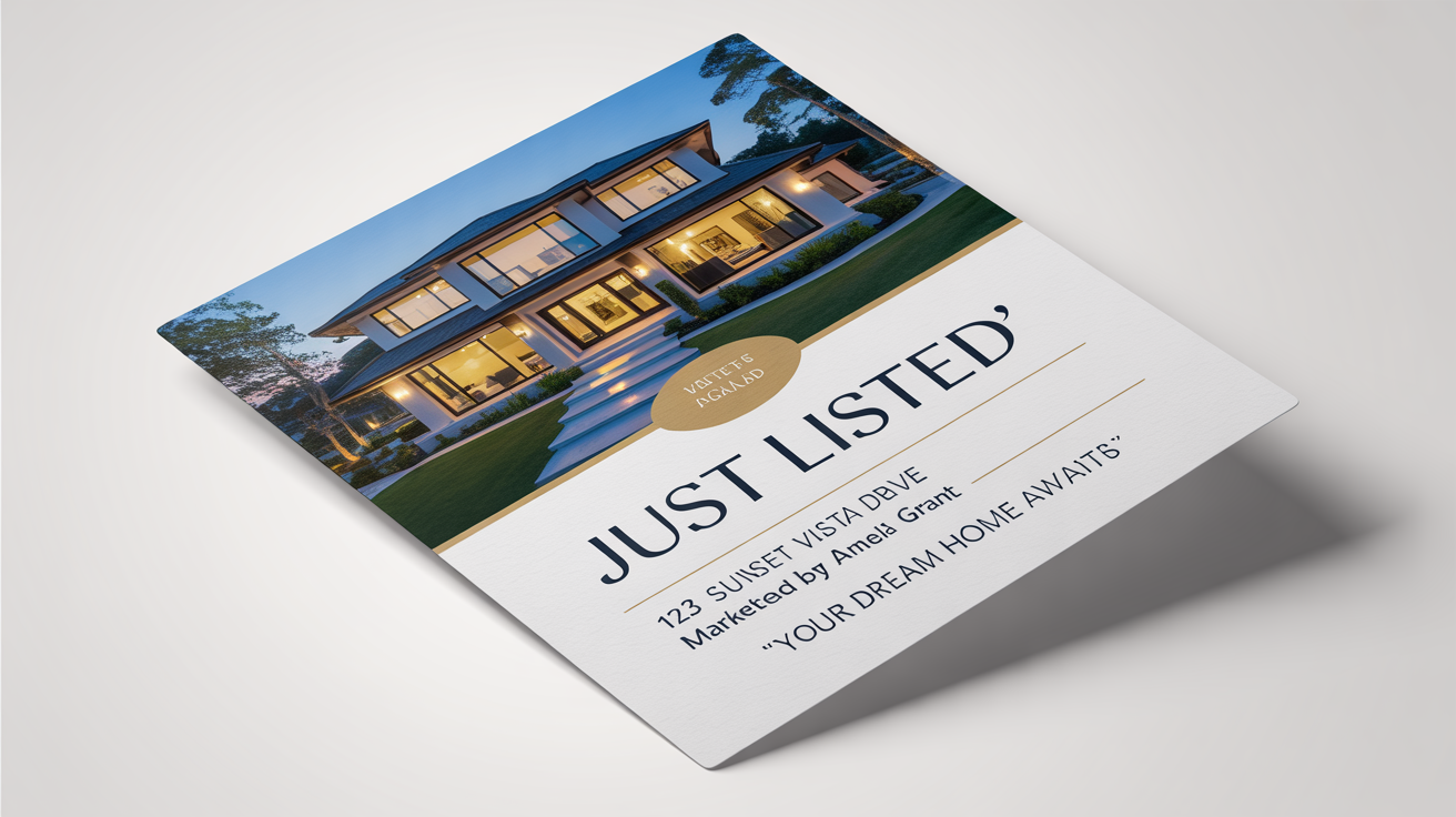 A mockup of a modern and luxurious real estate postcard advertising a 'Just Listed' property, set against a plain white background.