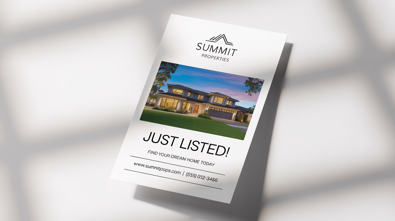 A photorealistic mockup of a real estate postcard for 'Summit Properties' featuring a modern home, with 'Just Listed!' text, displayed on a clean white background.