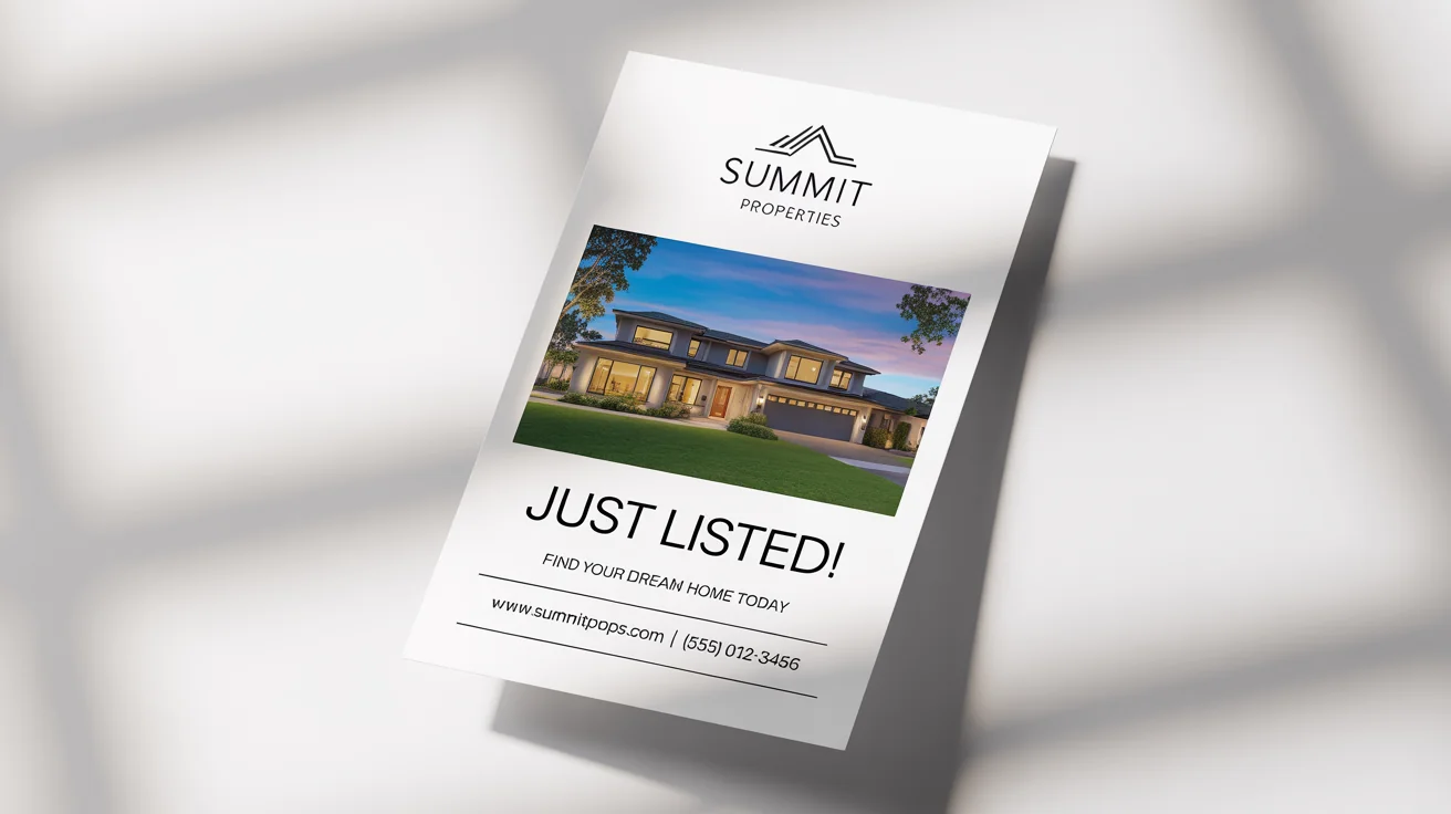 A photorealistic mockup of a real estate postcard for 'Summit Properties' featuring a modern home, with 'Just Listed!' text, displayed on a clean white background.
