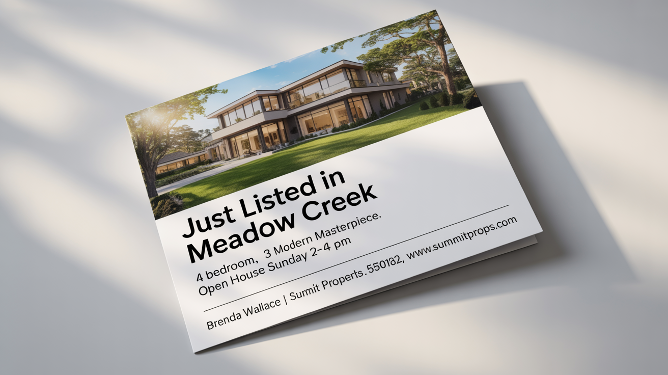 A professionally designed real estate postcard mockup advertising a 'Just Listed' modern home in Meadow Creek, with open house details and agent contact information, set against a clean white background.