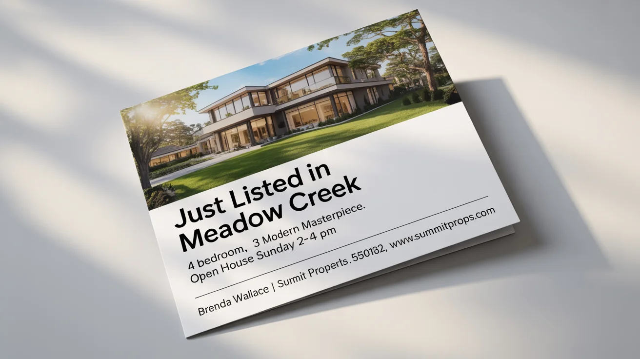 A professionally designed real estate postcard mockup advertising a 'Just Listed' modern home in Meadow Creek, with open house details and agent contact information, set against a clean white background.
