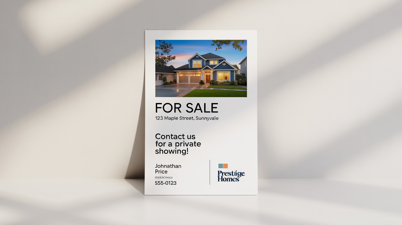 A photorealistic mockup of a modern real estate postcard advertising a house for sale, displayed on a clean white background.