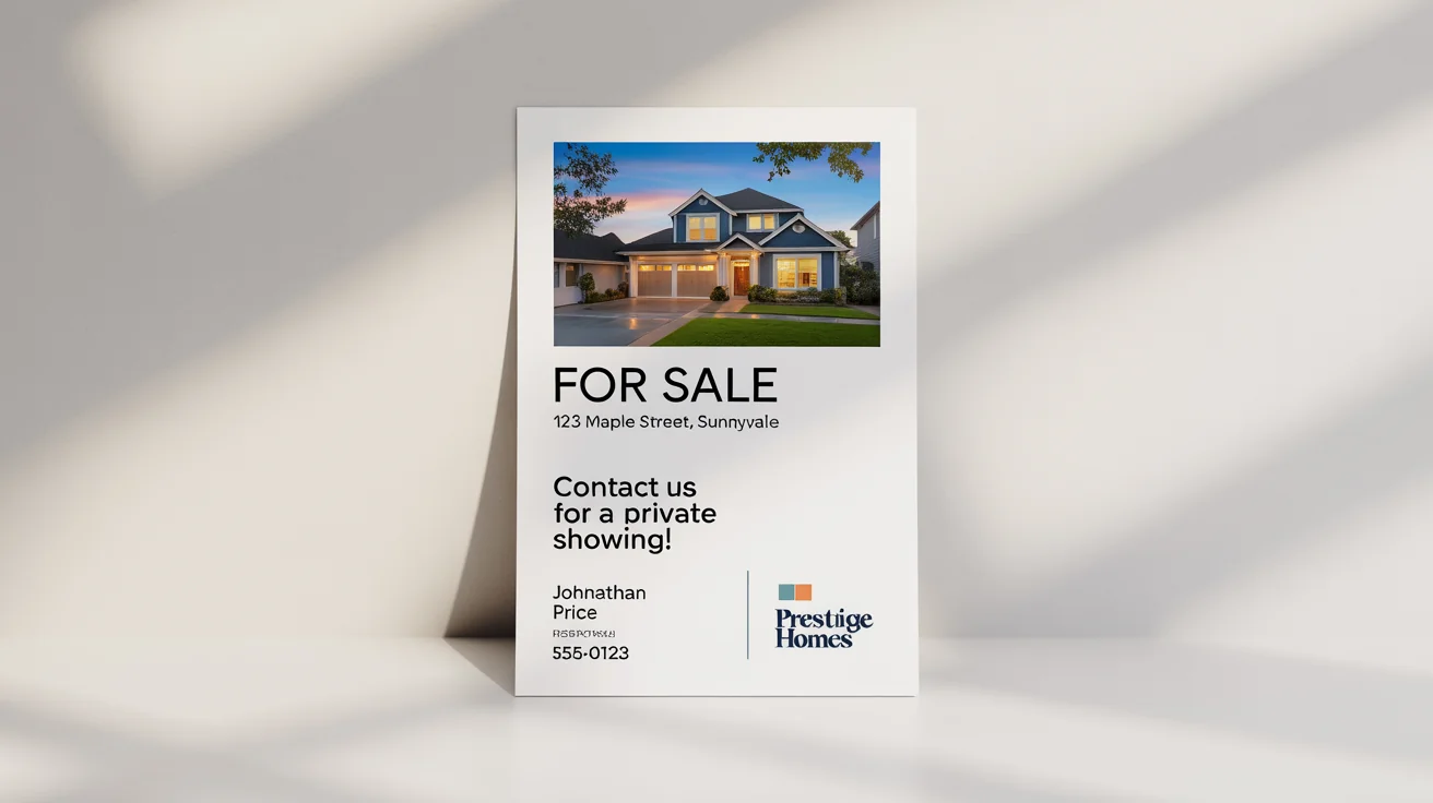 A photorealistic mockup of a modern real estate postcard advertising a house for sale, displayed on a clean white background.