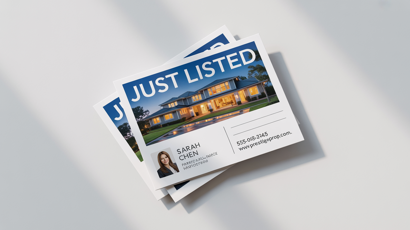 A photorealistic mockup of a modern real estate postcard advertising a newly listed home, featuring a picture of the house, an agent's headshot, and contact information, all set against a clean white background.
