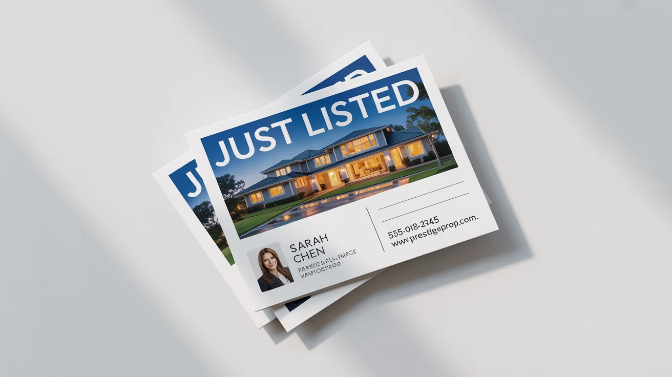 A photorealistic mockup of a modern real estate postcard advertising a newly listed home, featuring a picture of the house, an agent's headshot, and contact information, all set against a clean white background.