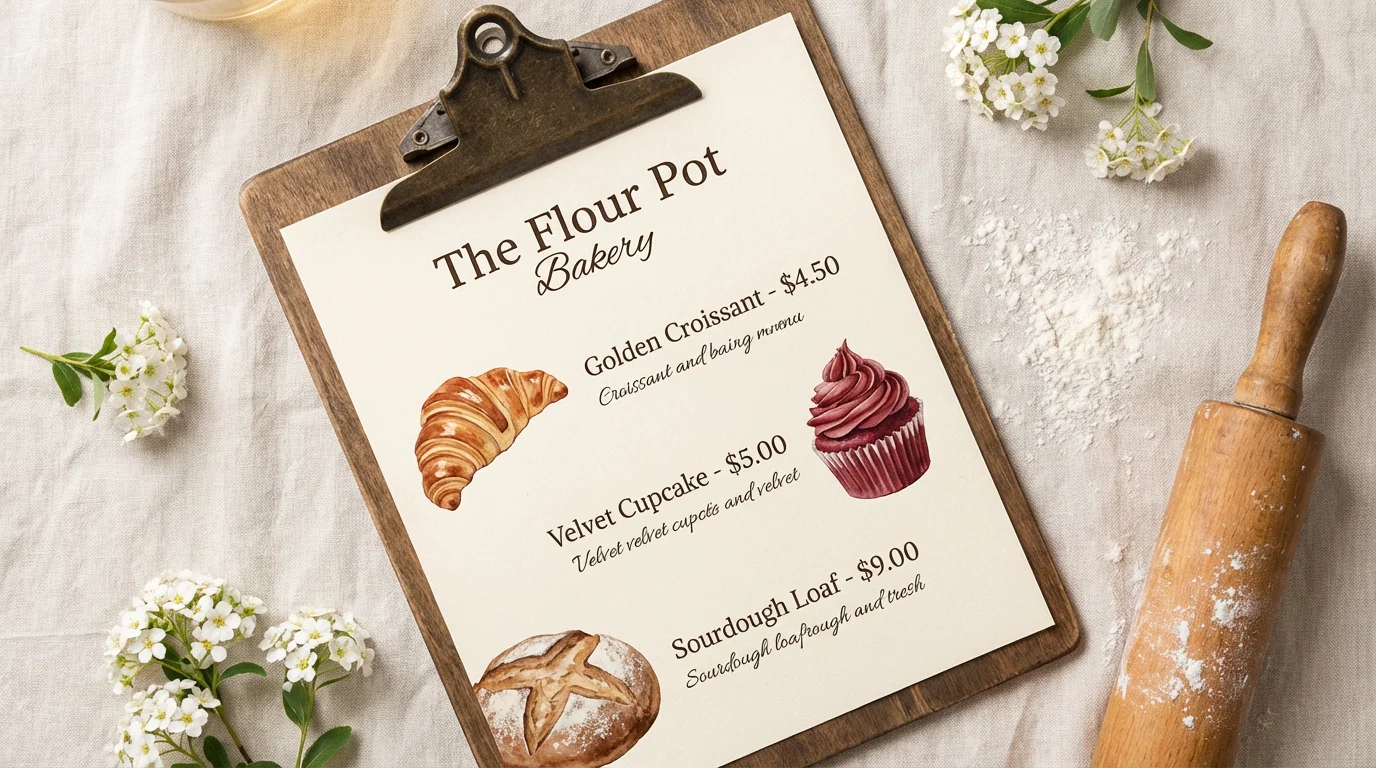 A professionally designed bakery menu for 'The Flour Pot Bakery' displayed on a rustic wooden board, styled with fresh flowers and baking ingredients.