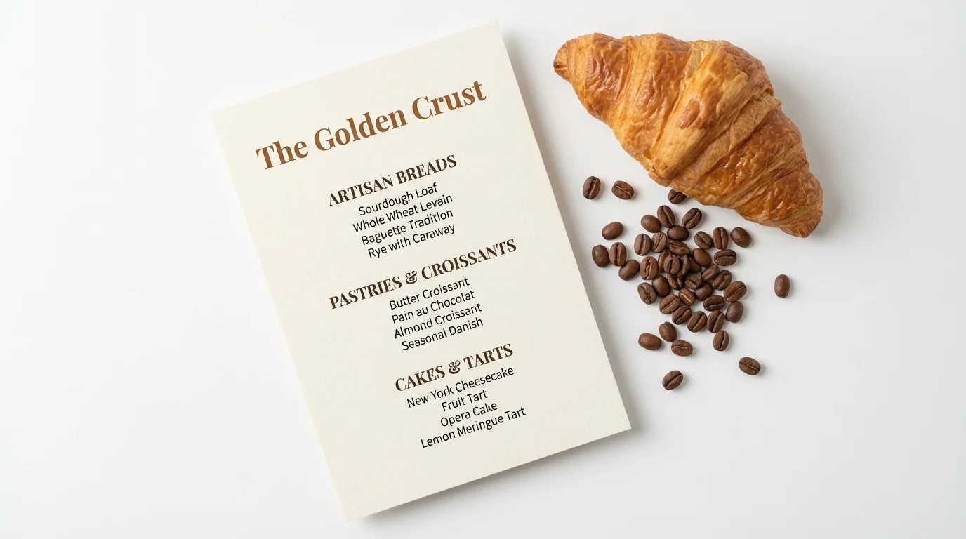 A professionally designed menu for 'The Golden Crust' bakery, shown in a flat lay on a white background with a fresh croissant and coffee beans nearby.