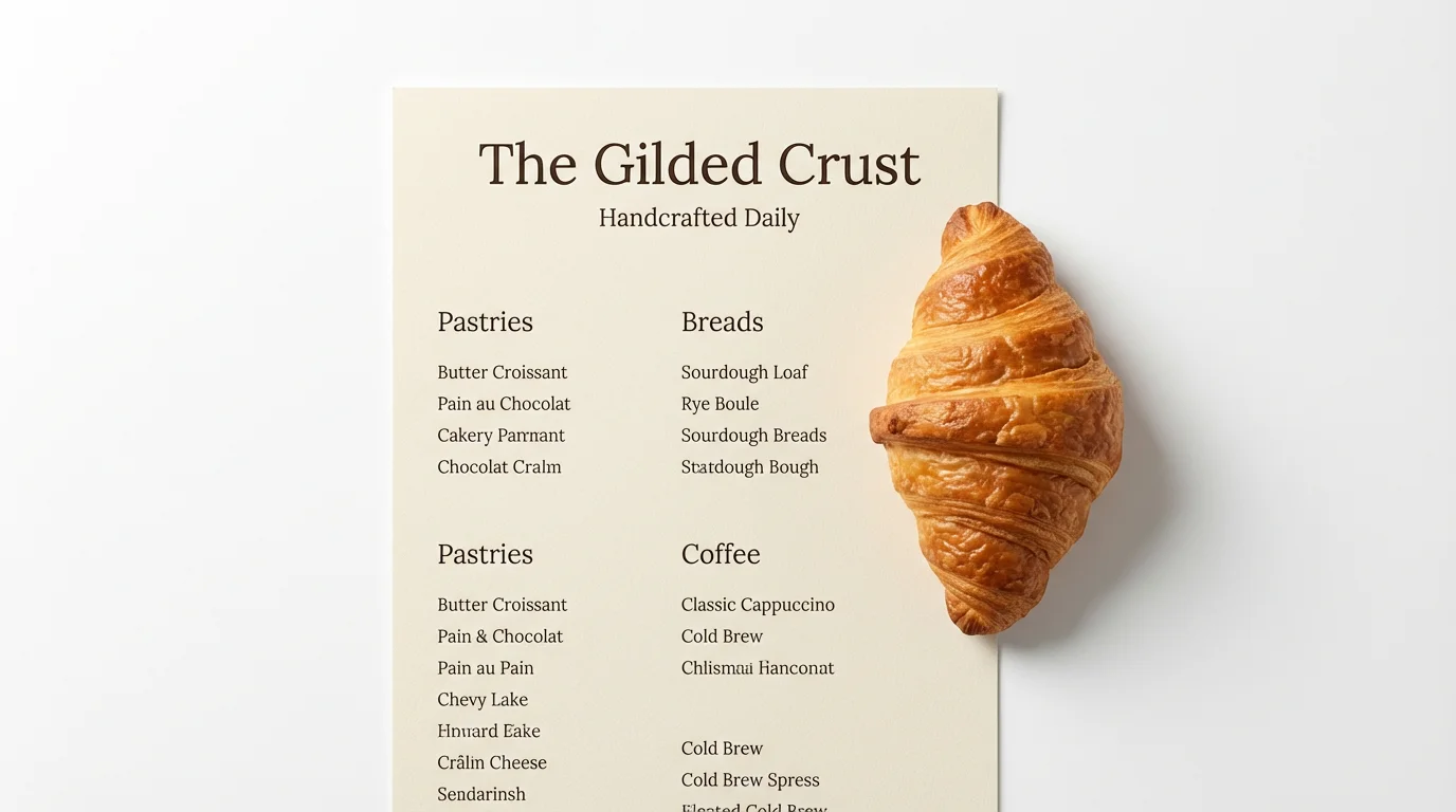 A modern bakery menu for 'The Gilded Crust' laid flat on a white surface, with a single golden croissant placed neatly beside it.