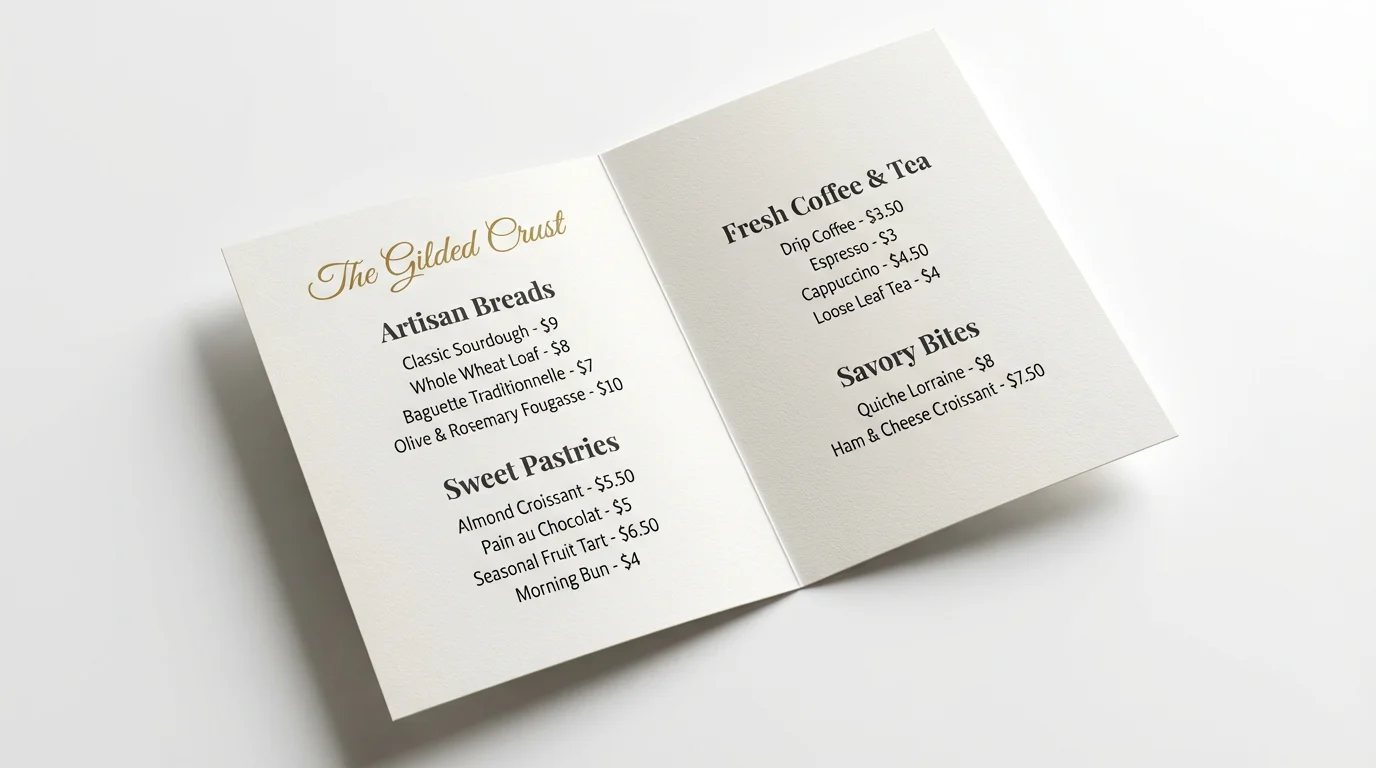 A professionally designed bakery menu for 'The Gilded Crust' shown open on a clean white background, displaying sections for breads, pastries, and coffee.