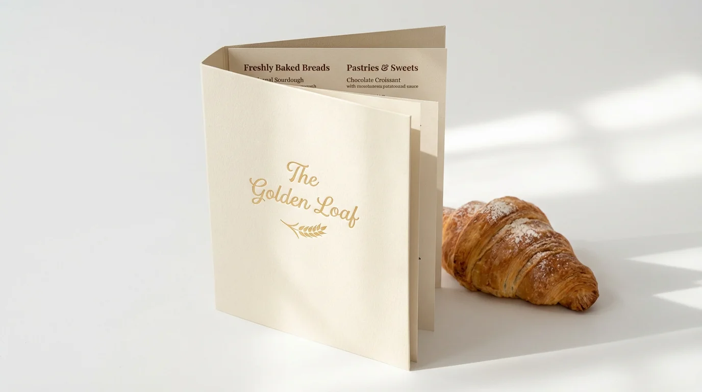A professionally designed bi-fold bakery menu with the name 'The Golden Loaf' in gold foil, standing open on a white background next to a fresh, flaky croissant.