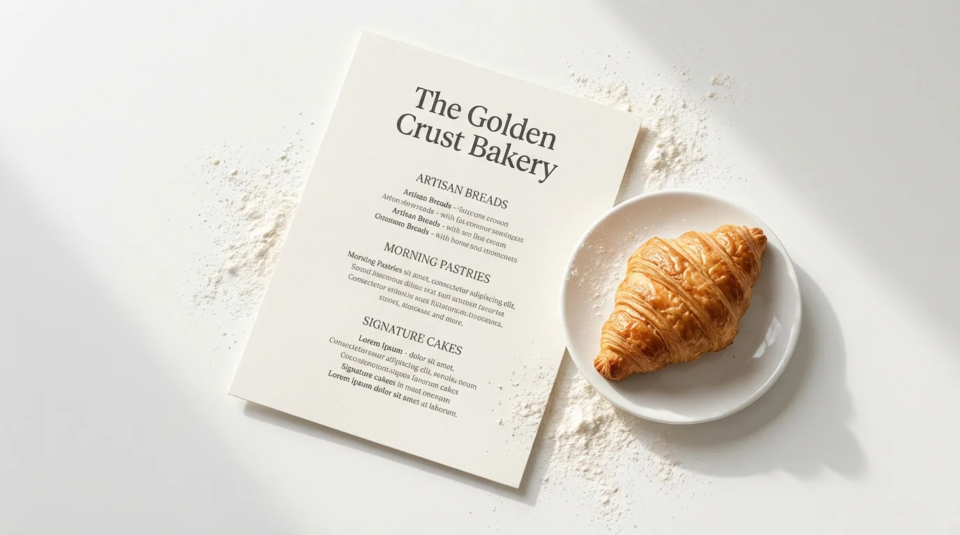 A professional mockup of a bakery menu titled 'The Golden Crust Bakery', displayed on a white background with a fresh croissant on a plate beside it.
