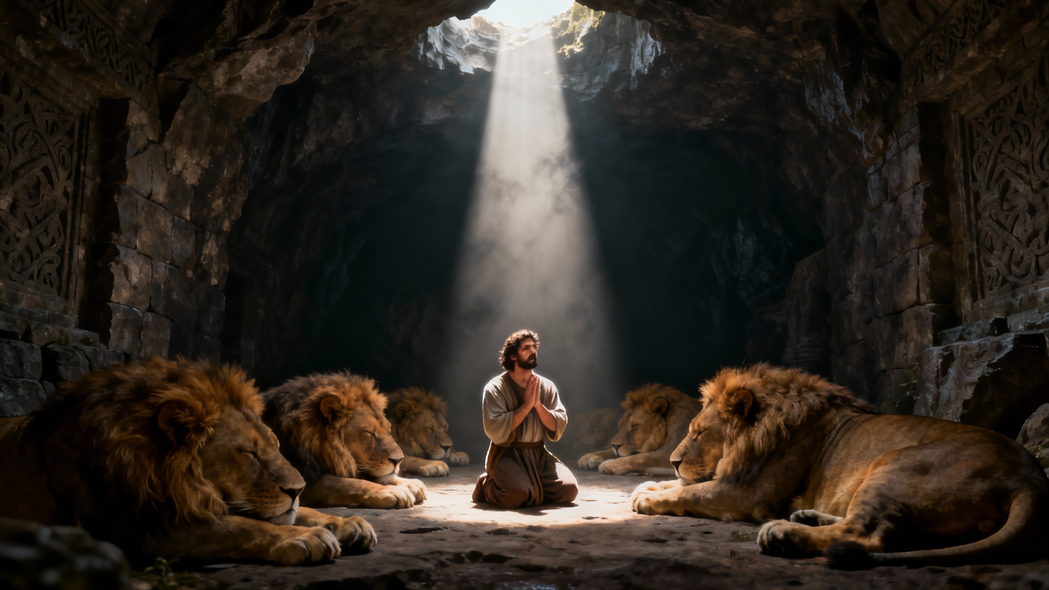 A hyperrealistic depiction of Daniel in the lions' den. Daniel kneels peacefully in the center of a dark stone cave, illuminated by a divine beam of light from above, while several large lions rest calmly around him.