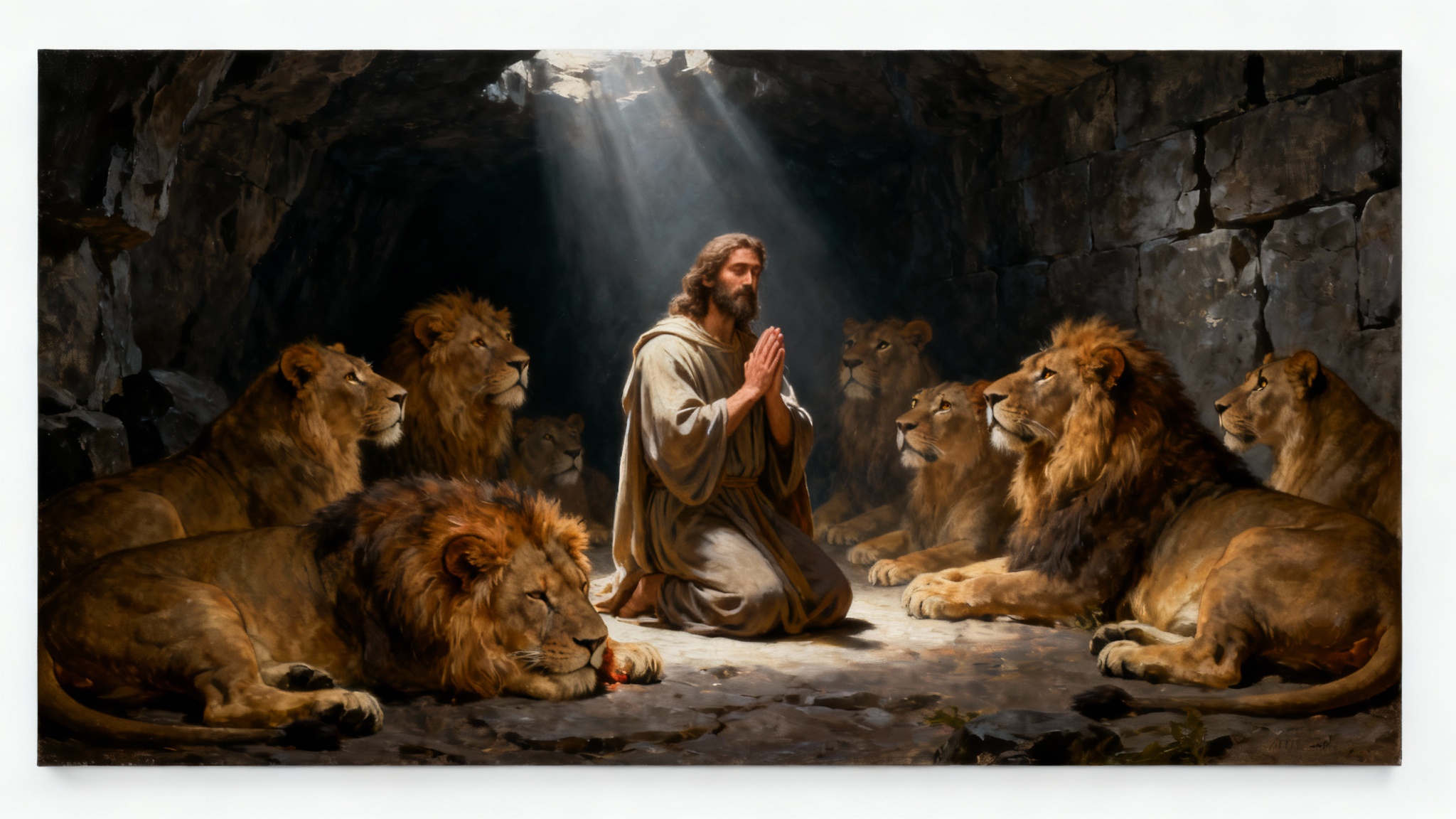 A depiction of Daniel in the lion's den, showing him praying peacefully amidst several calm lions in a dark cave, illuminated by a single beam of light. The image is on a white background.