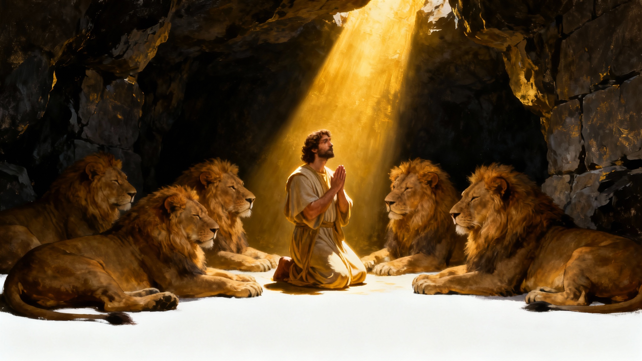 A powerful painting depicting Daniel praying calmly in a den while surrounded by peaceful, majestic lions, all illuminated by a divine light from above, set against a white background.