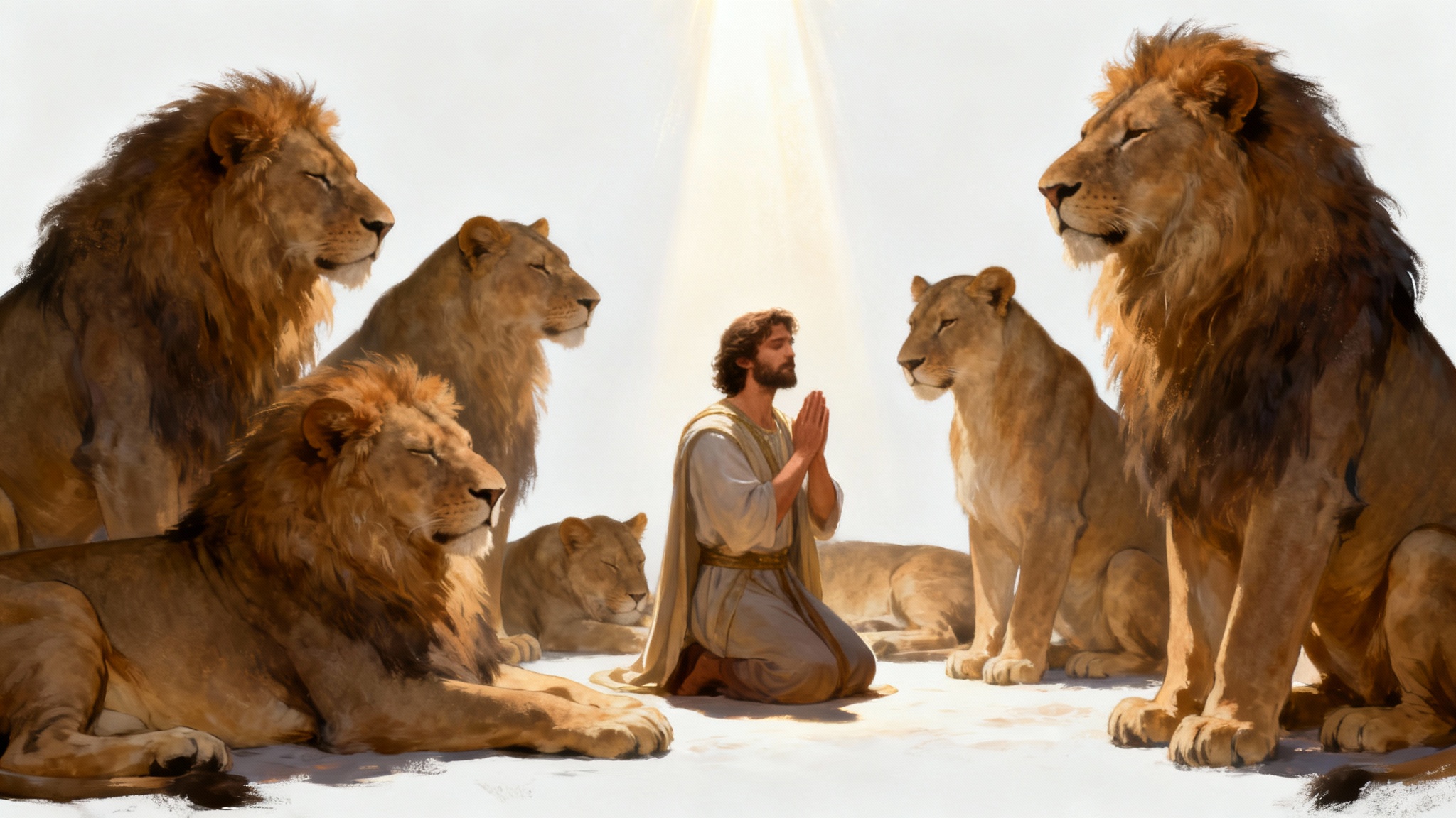An illustration of Daniel in the lions' den, kneeling in prayer under a beam of light, surrounded by calm and peaceful lions, all set against a clean white background.