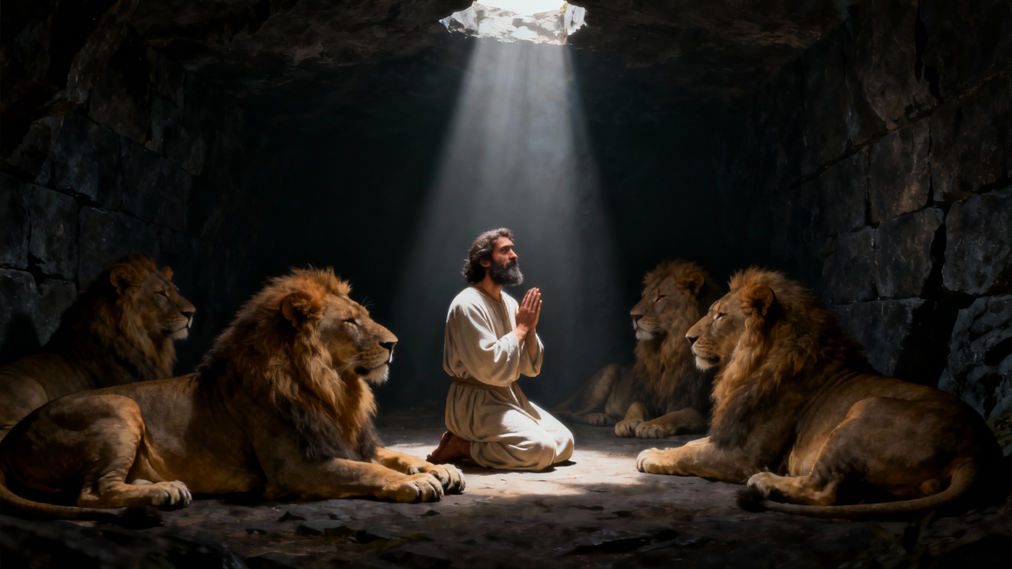 A photorealistic depiction of Daniel in the lion's den. A man kneels in prayer, bathed in a single shaft of light, surrounded by calm and peaceful lions in a stone cavern.