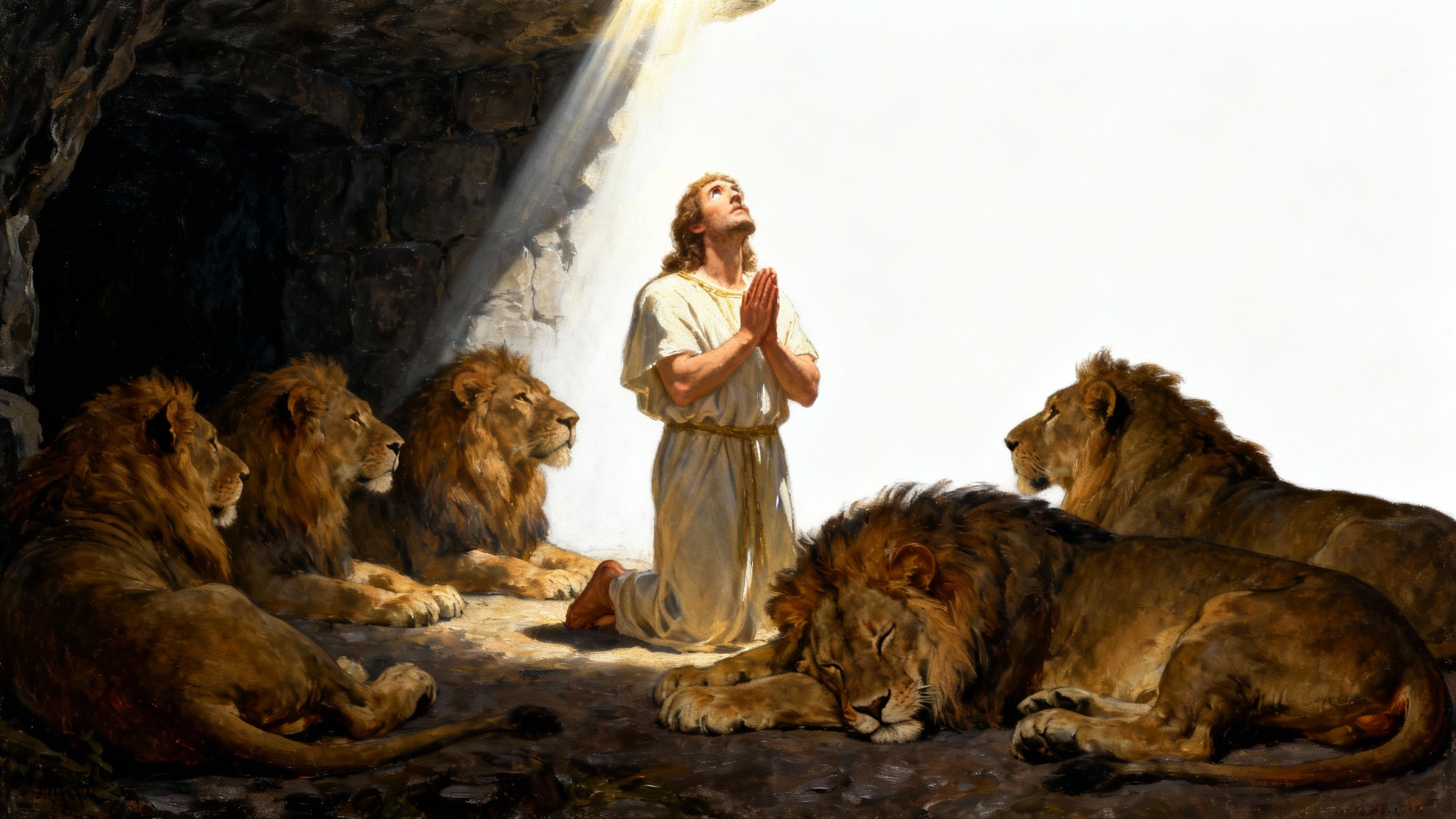 A classical painting style illustration of Daniel in the lion's den. A calm Daniel is illuminated by a beam of light, surrounded by peaceful lions in a dark stone den.