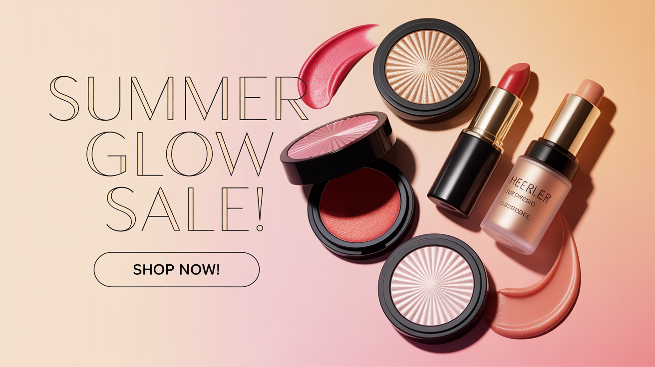 A professional cosmetic banner for a 'Summer Glow Sale!', showcasing an artistic arrangement of makeup and skincare products on a soft pastel background with bold text and a 'Shop Now' button.