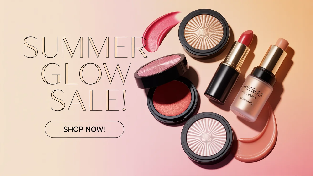 A professional cosmetic banner for a 'Summer Glow Sale!', showcasing an artistic arrangement of makeup and skincare products on a soft pastel background with bold text and a 'Shop Now' button.